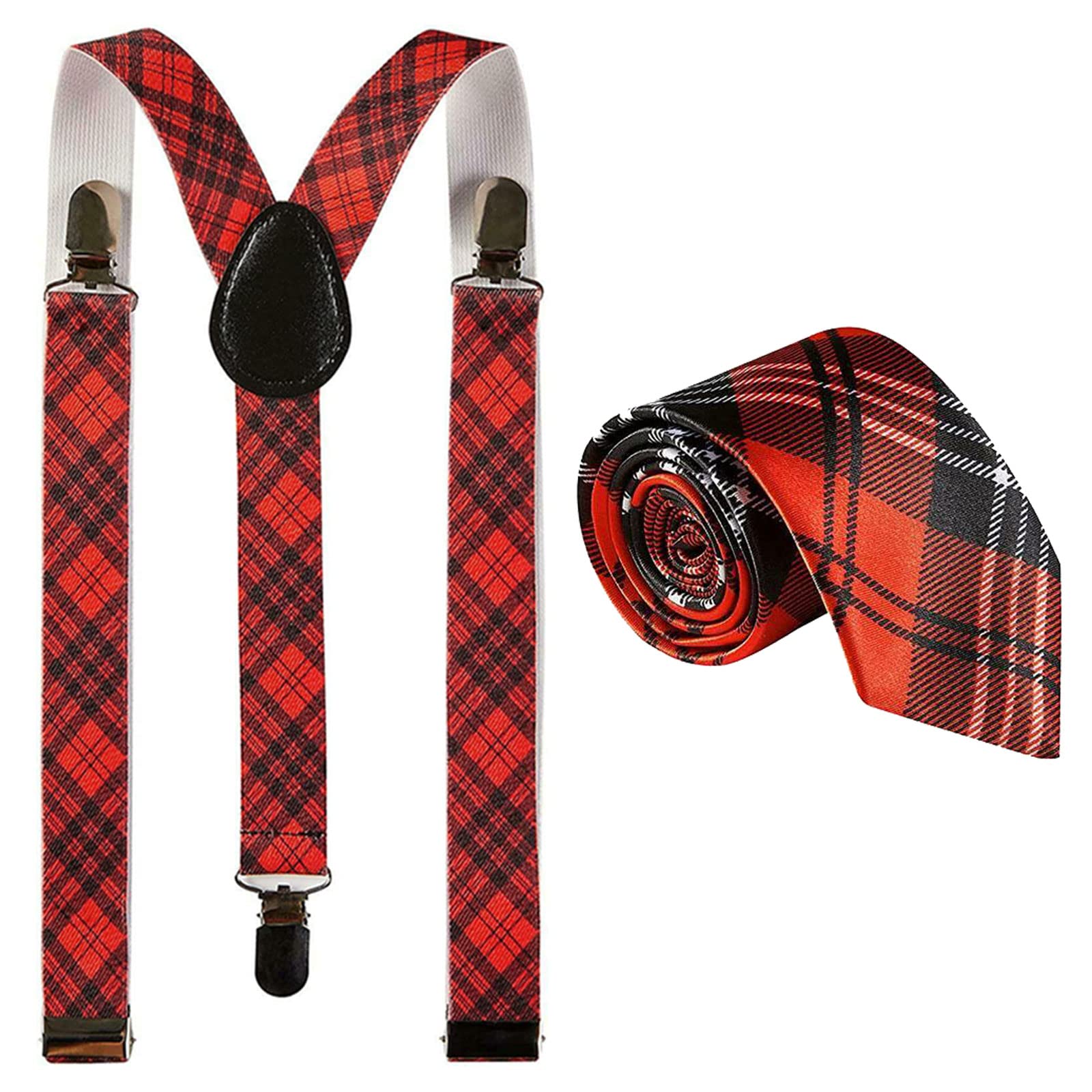 labreeze Burns Night Red Tartan Braces Suspenders with Striped Neck Tie Scottish Fancy Dress
