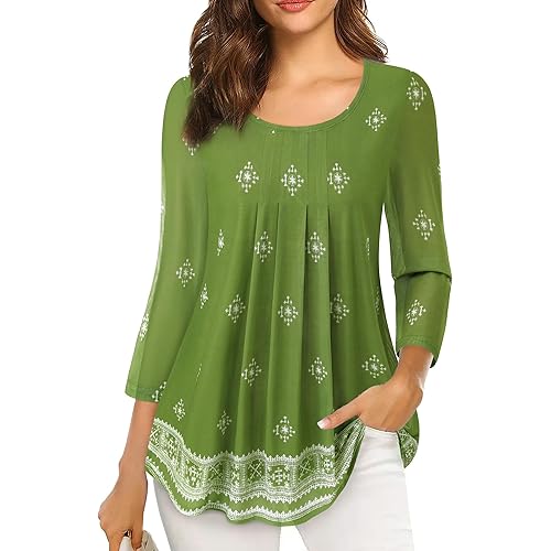 VALOLIA Women's 3/4 Sleeve Tunic Tops Casual Loose Fit Floral Blouses Mesh Pleated Layered Shirt