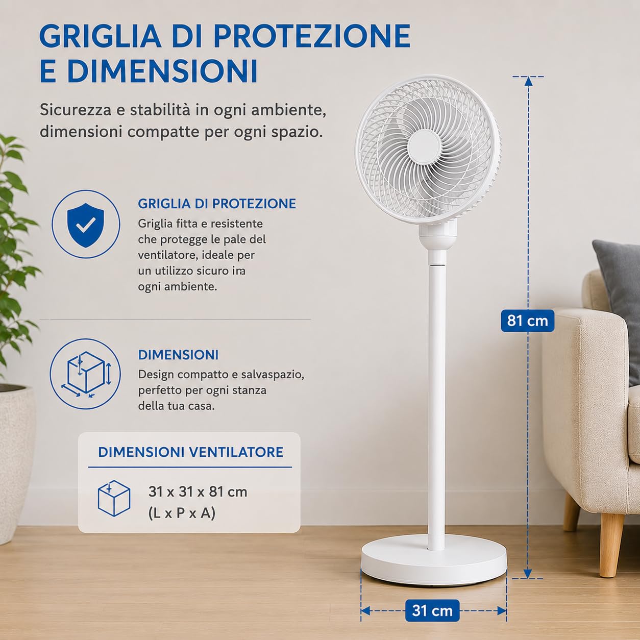Ventilatore a Piantana - Oscillante - 50W - 3 Velocità Regolabile | Oscillazione automatica, altezza regolabile 65-81 cm, pale 26 cm, inclinazione 90°, base stabile, uso casa e ufficio