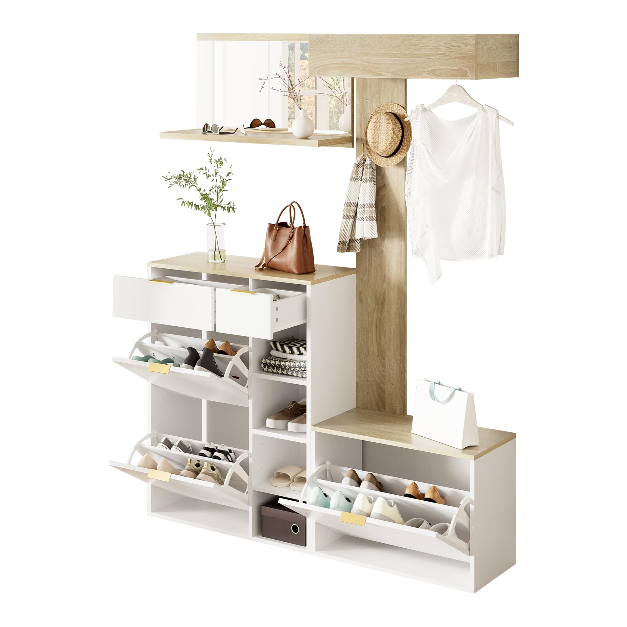 Merax Garderobenset 4-teilig, Garderoben-Komplettprogramm mit Schuhschrank, Sitzbank, Wandspiegel & Wandpaneel mit Ablage, Moderne Flurmöbel für Flur & Diele, 130x30x174 cm, Natur & Weiß