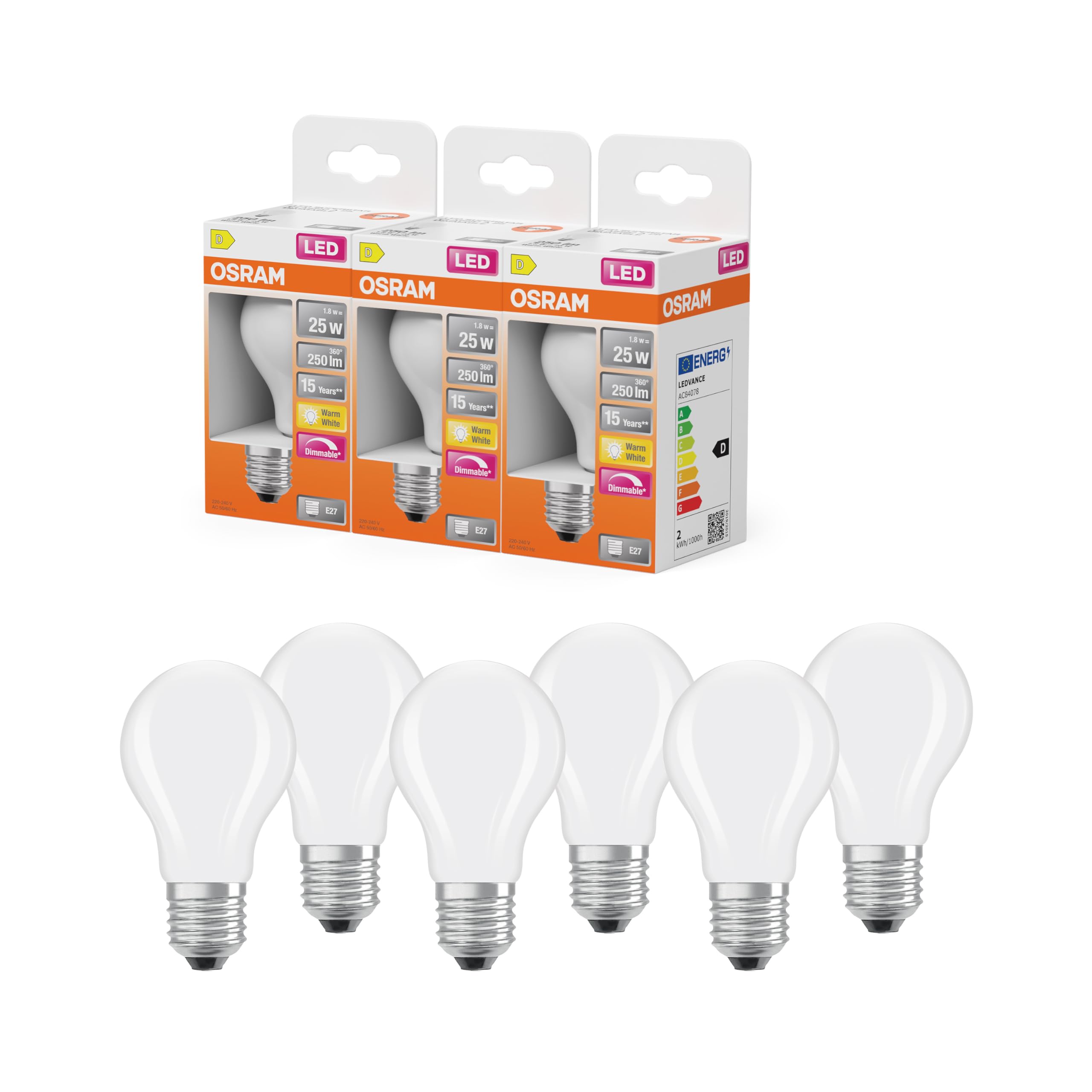 Osram LED-Lampe Superstar A25 Kolbenform Filament dimmbar, 2700 K warmweiß, 1,8 W, E27, matt, 250 lm, 15.000h, für Decken- und Stehleuchten, blendfrei