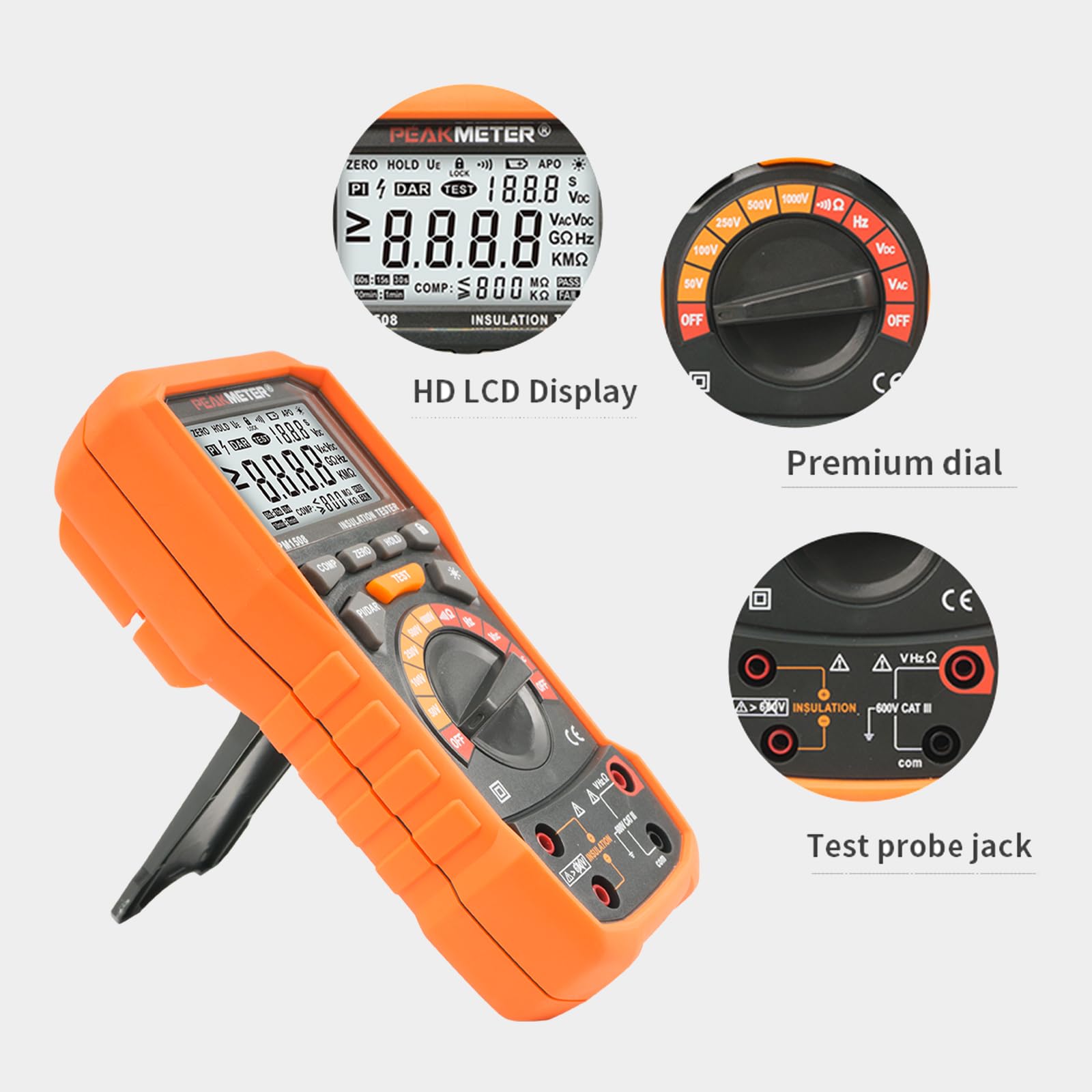 Tester Di Resistenza di Isolamento Megaohmmetro Digitale 1000 V AC/DC per Dispositivi Elettrici, Resistenza di Isolamento Fino a 100 GΩ, con PI/DAR, Test di Frequenza e Bassa Tensione