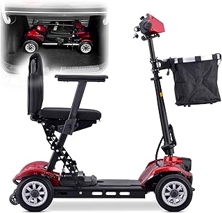 HZWJD Electric Wheelchair Scooter, Wheelchair, Foldable and Lightweight with Seat, 4-Wheel Travel Mobility Scooter, with Storage Basket, with Removable Lithium Battery, Red