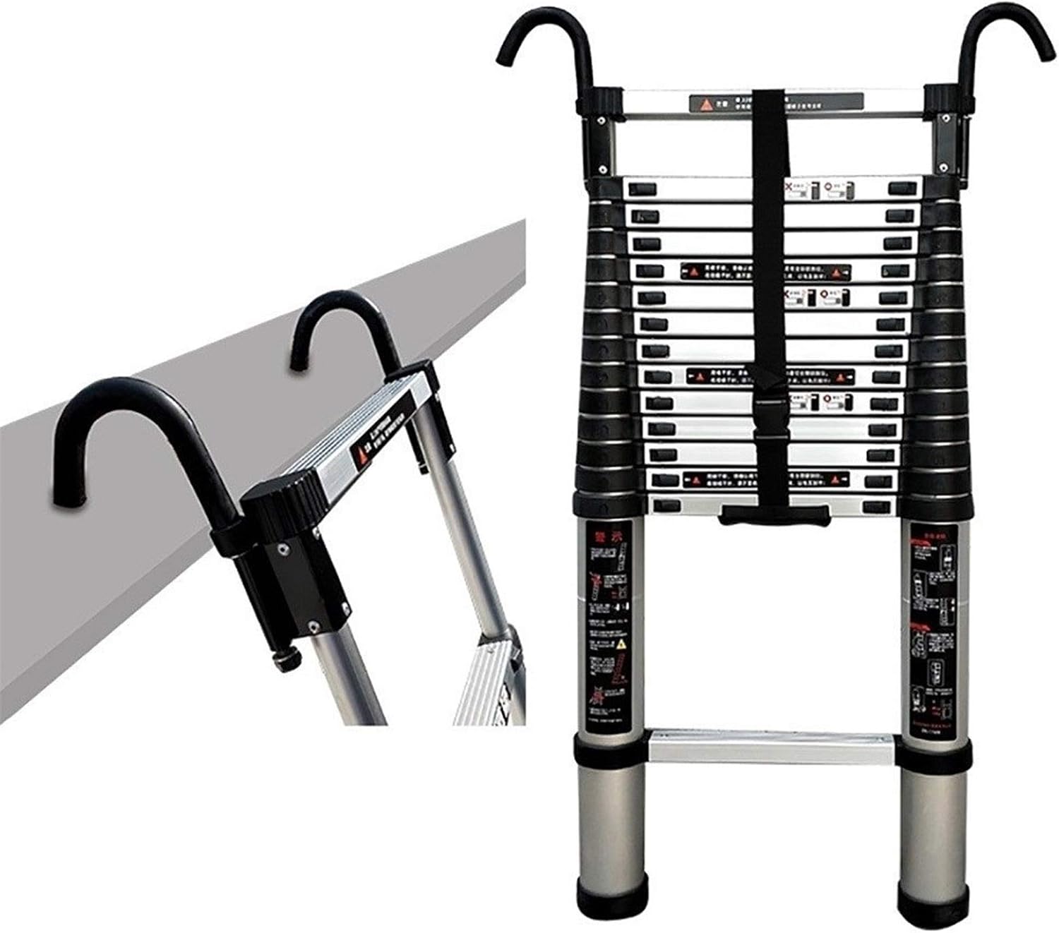 Aluminum Telescoping Ladder with Detachable Hooks, Multi-Purpose Retractable Folding Ladder for Home Attic Loft & Pool, 330lbs Max Capacity
