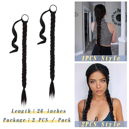 Miniatura 38 de BARSDAR 30 Inch Long Braided Ponytail Extension with Hair Tie - Straight Sleek Wrap Around Brown Braided Ponytail Hair Extensions - Synthetic Pony