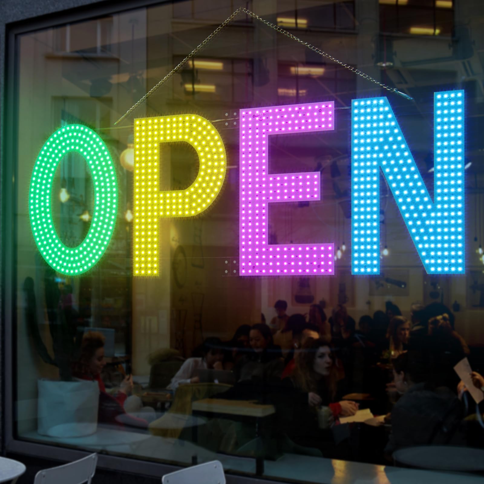 LED Open Signs for Business,40"L x 14"W Large Open Sign LED with 3 Scene Modes, Ultra Bright Adjustable Light Up Bar Sign for Storefront Window Glass Door Shop Store Salon Cafes Restaurant (Green-Yellow-Pink-Blue)