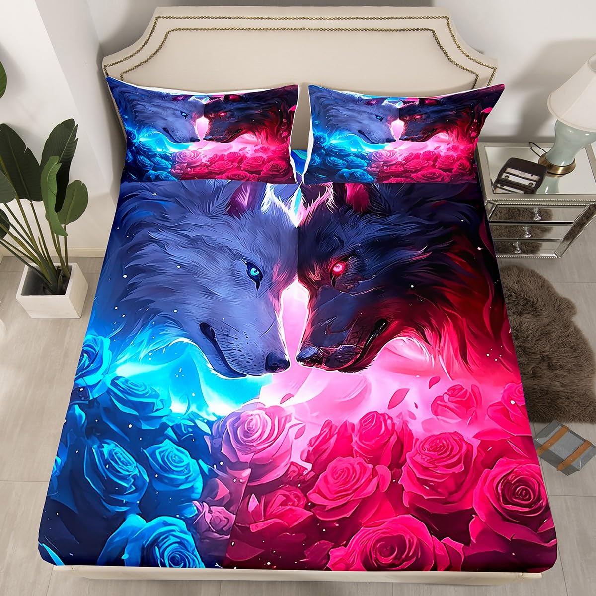 3D Wolf Couple Fitted Sheet Twin Size Fierce Wild Animal Bedding Set 2Pcs Romantic Rose Flower Bed Sheet