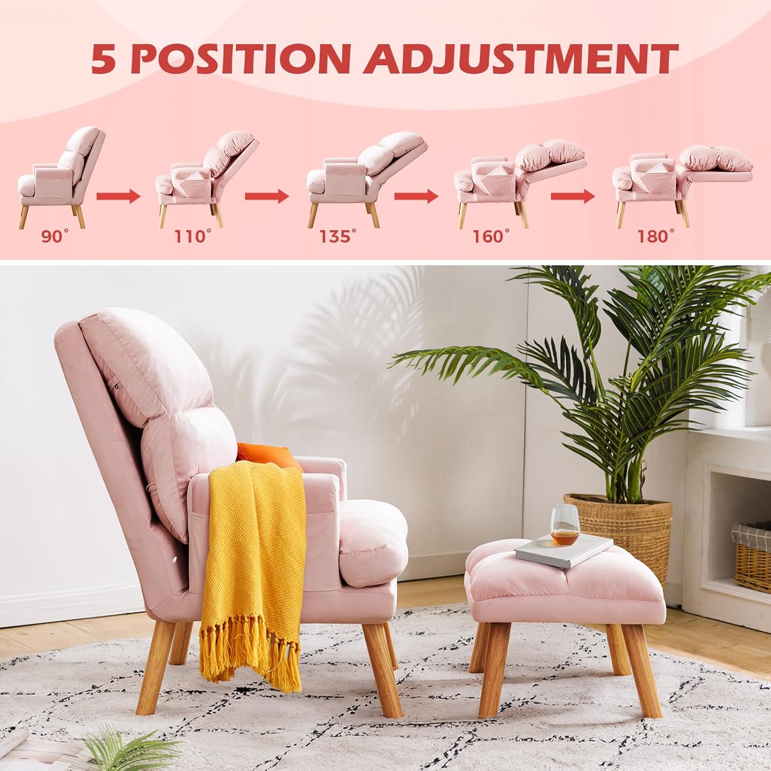 IOMOR Accent Chair with Ottoman Comfy Reading Chair Armchair with Adjustable Backrest and Side Pockets Soft Fabric Leisure Sofa for Bedroom, Living Room, Dorm Rooms, Garden, Pink
