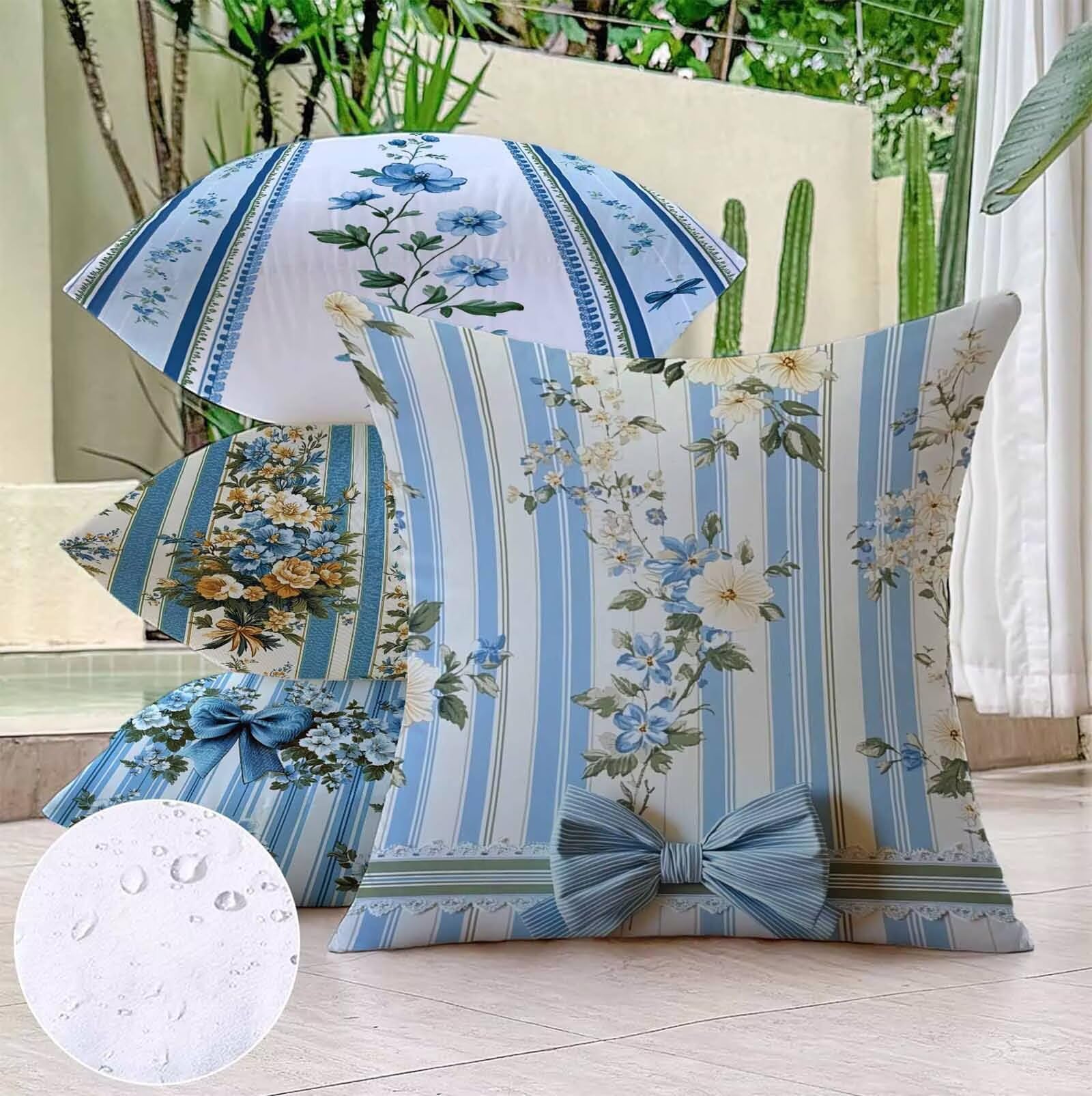 Vert Housse Coussin 65X65cm Fleur Conception de Motifs Lin Matériel Coussin Canape Lot de 4, avec Fermeture Eclair Caché Exterieur Impermeable pour Lit Chambre Canapé Decoration Maison PjY9086 K-E