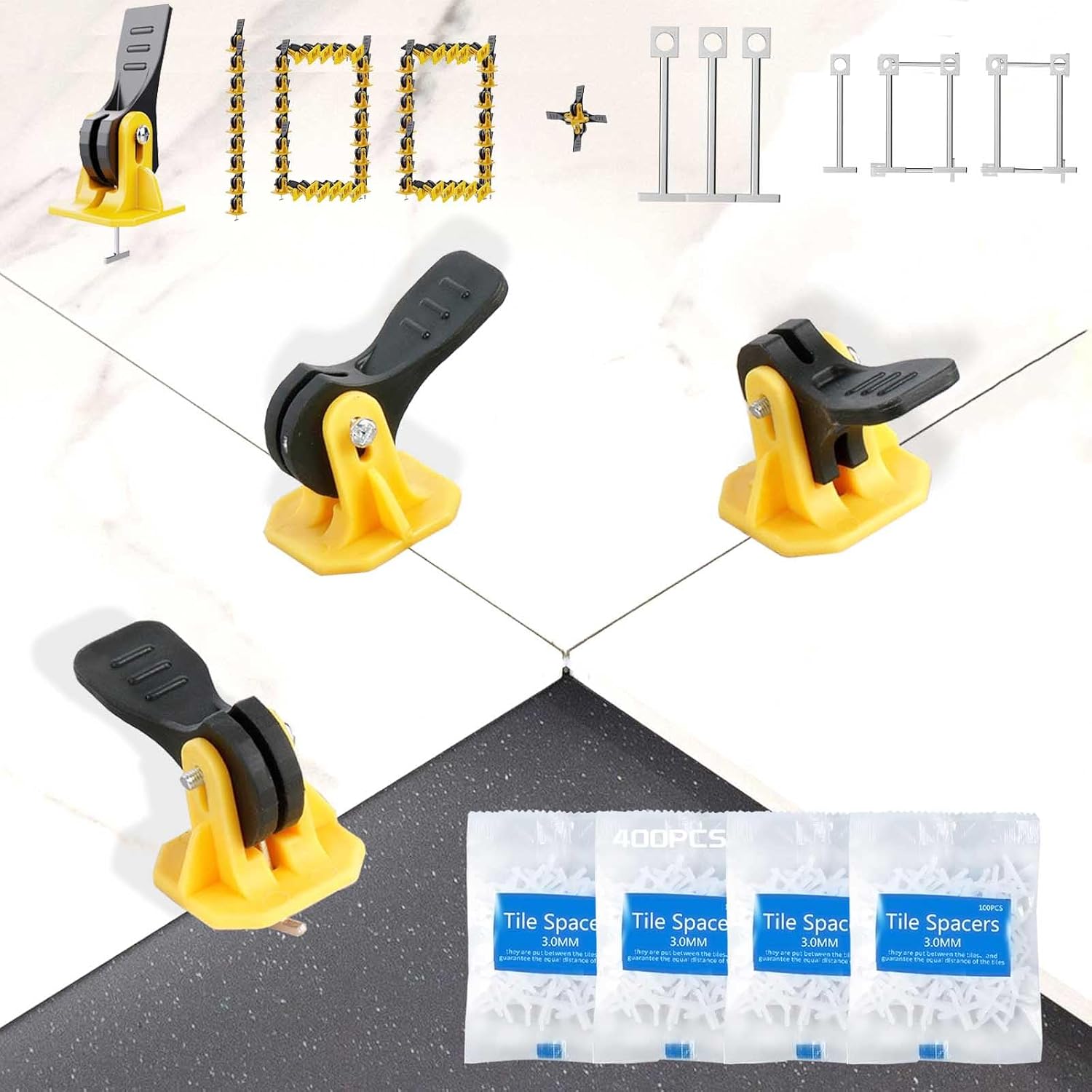 Tile Leveling System Kit Reusable 100pcs Tile Leveler+400pcs 1/8'' Cross-Shaped Tile Spacers+100pcs Replaceable Steel T-Pin Upgrade Adjustable Tile Tools Spacers Shims Floor Leveling 1/16in