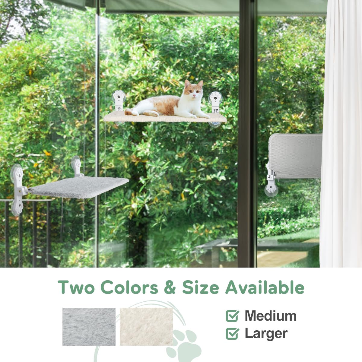 Percha plegable para ventana de gato, hamaca inalámbrica para ventana con 4 ventosas, cama con ventana para gatos en el interior con cubierta reversible y marco de metal sólido (beige, mediano)