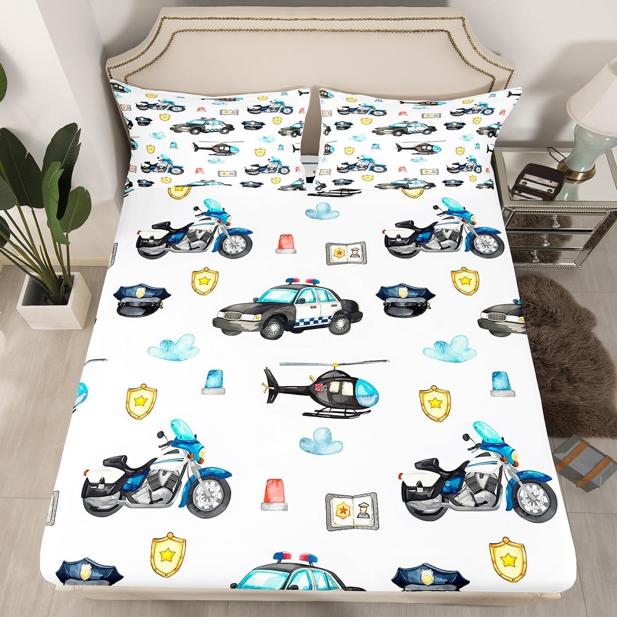 Boys Aircraft Bed Sheet Set Kids Toddler Cool Police Car Motorcycle Bedding Sheets Girls Teens Helicopter Flying Plane Bedding Fitted Sheet Watercolor Decor Bed Cover Bedroom Collection 2Pcs Twin Size