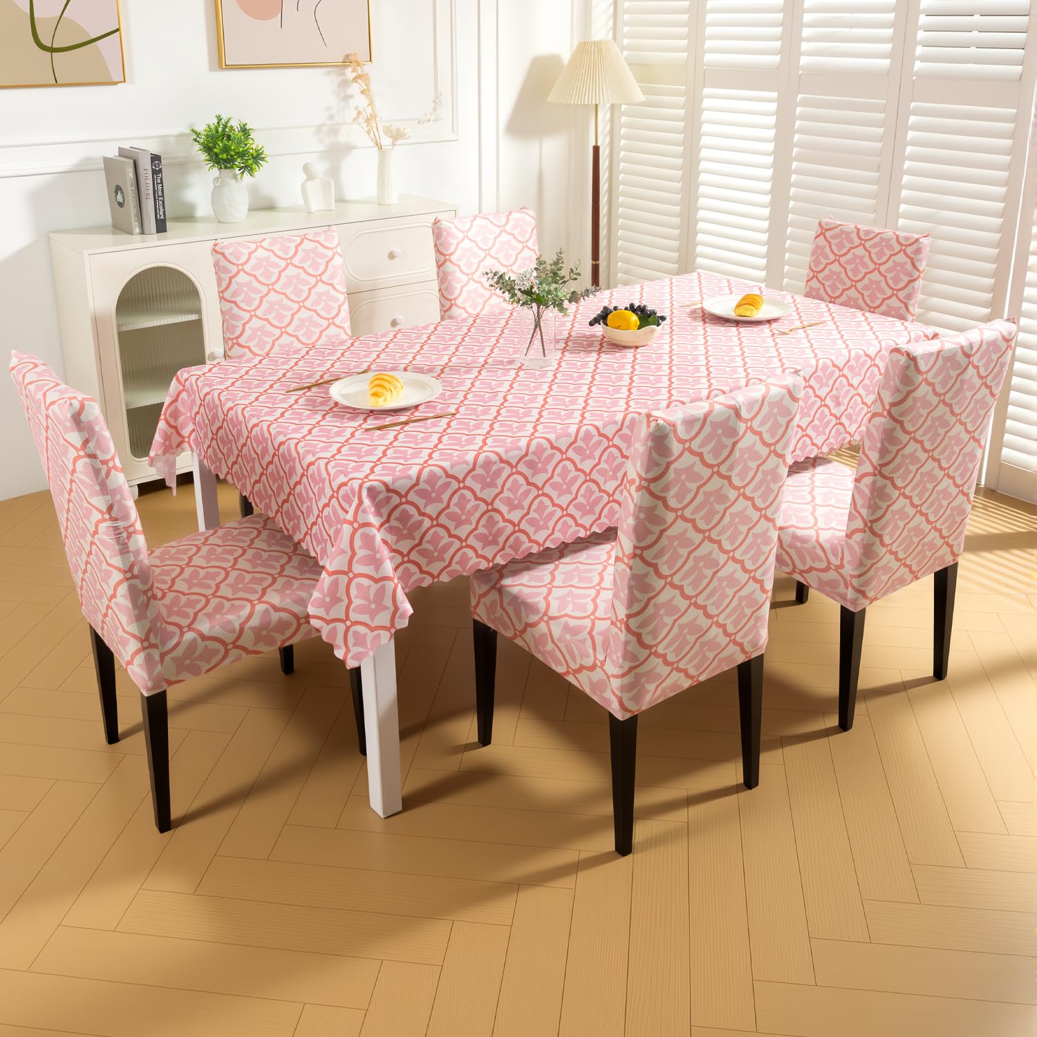 House of Quirk Dining Table Cover Waterproof with 4 Chair Covers for Kitchen Dining Table Cloth Dust and Oil Repellent (Peach Blush, 1 Table Cover + 4 Chair Cover)