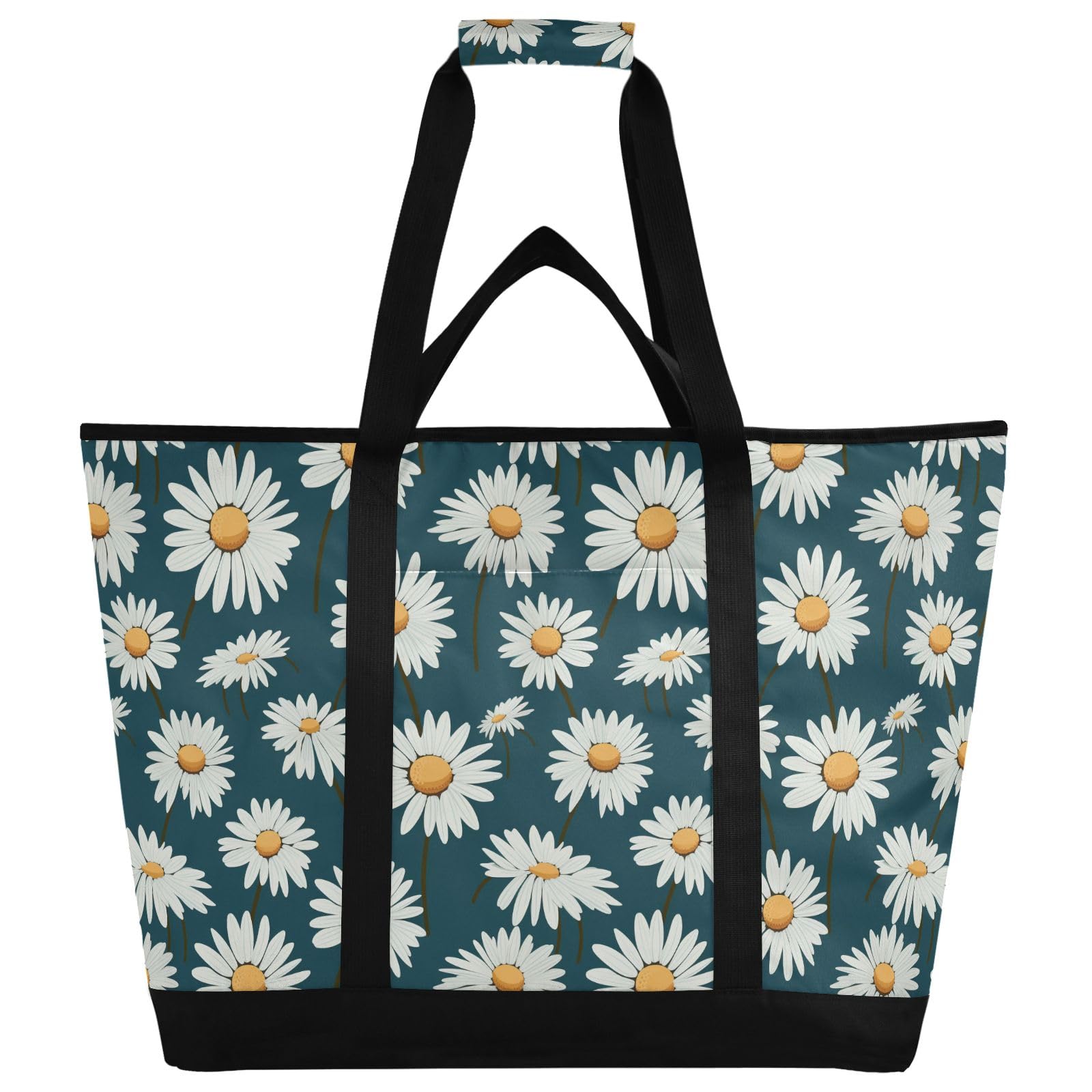 Borsa termica termica blu navy con margherite floreali, borse per la spesa riutilizzabili con cerniera grande borsa termica portatile per viaggi o campeggio
