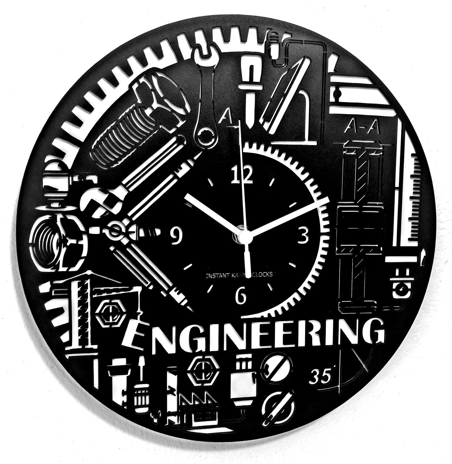 Instant Karma Clocks | Engineering Wall Clock – Silent Non-Ticking Quartz – Wall Decoration for Engineer, Office, Workshop, Technical Studio, Industrial Decor