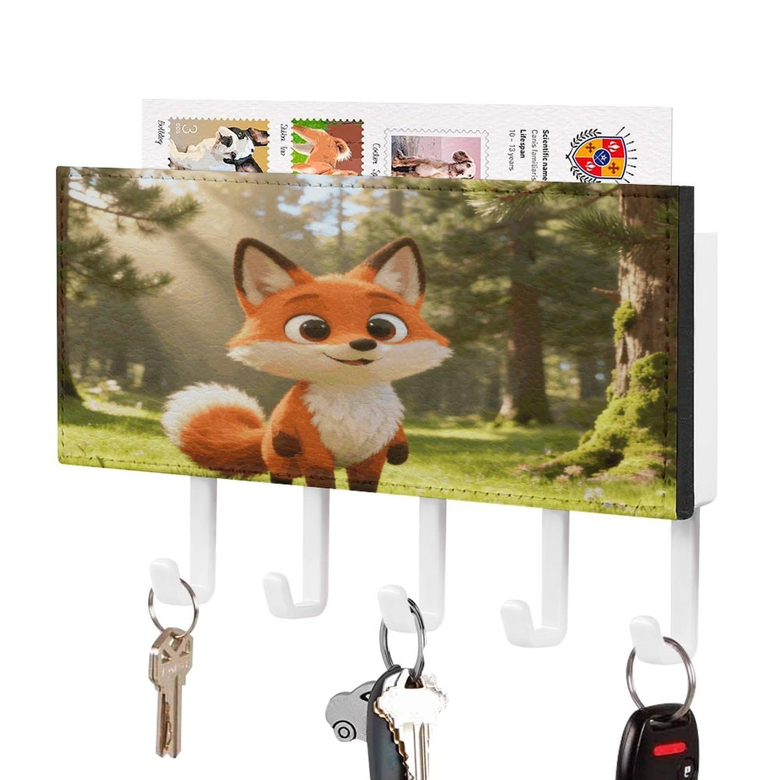 MUSM Fox Cartoon Cute Key Holder for Wall,Mail Organizer Wall Mount with 5 Hooks,Easy Installation Key Rack for Home Decor, Hallway, Entryway, Appartment