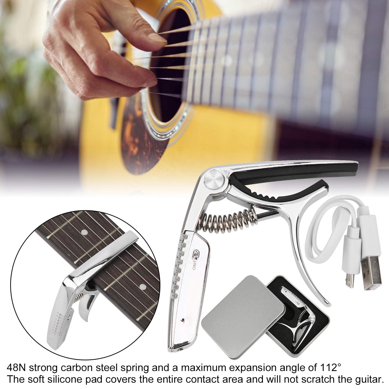 Capotasto per Chitarra Multifunzionale, Pompa di Lubrificazione Manuale Olio Lubrificante Manuale Sintonizzatore 2 in 1 Capotasto Ricaricabile con Display a LED RGB GT-100 (Nero)