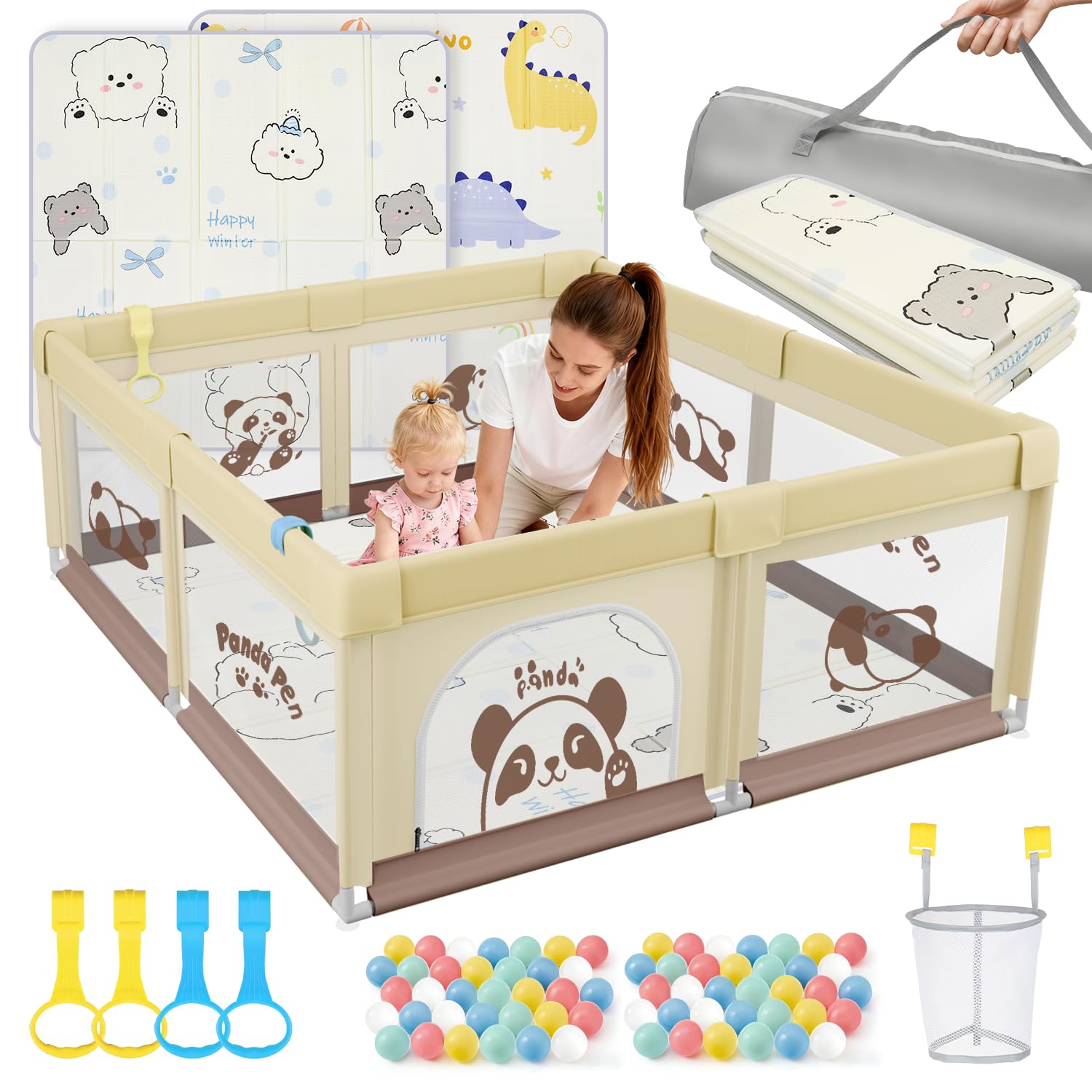 Parc Bébé 120x120 avec Tapis, Parc Bebe Jusqu'à 40 KG, 300D Tissu Oxford/Ventouse Base/360° Filet Respirant, Sûr Centre d'Activités pour Enfants, 60Boules Océaniques/4 Poignées, Panda beige