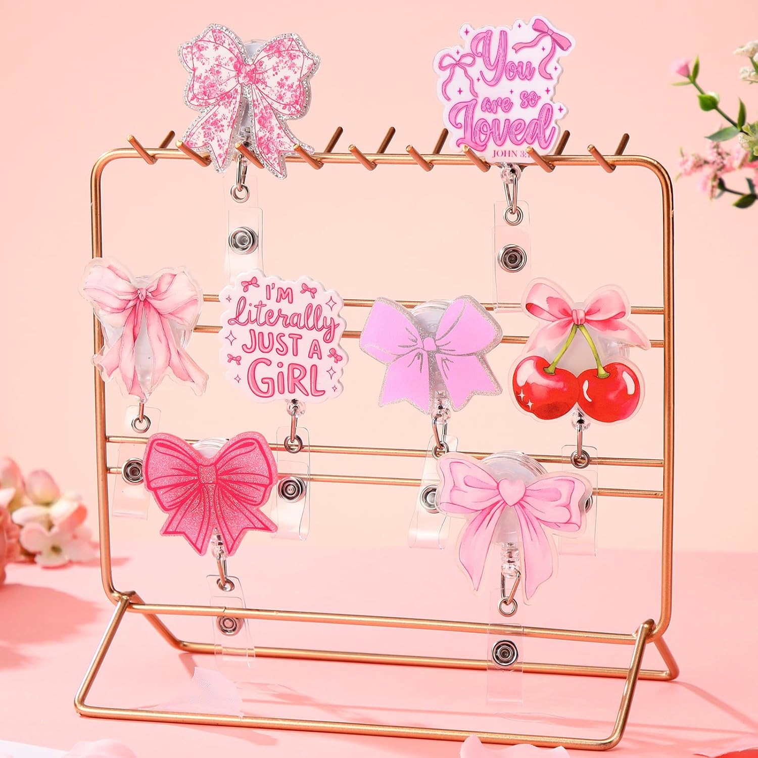 8 Pcs Coquette Pink Bow Badge Reel Retractable Badge Reel for ID Card Cute Alligator Clip Accessories for Nurse Medical Worker Office School Teacher(Bow Theme,Acrylic)