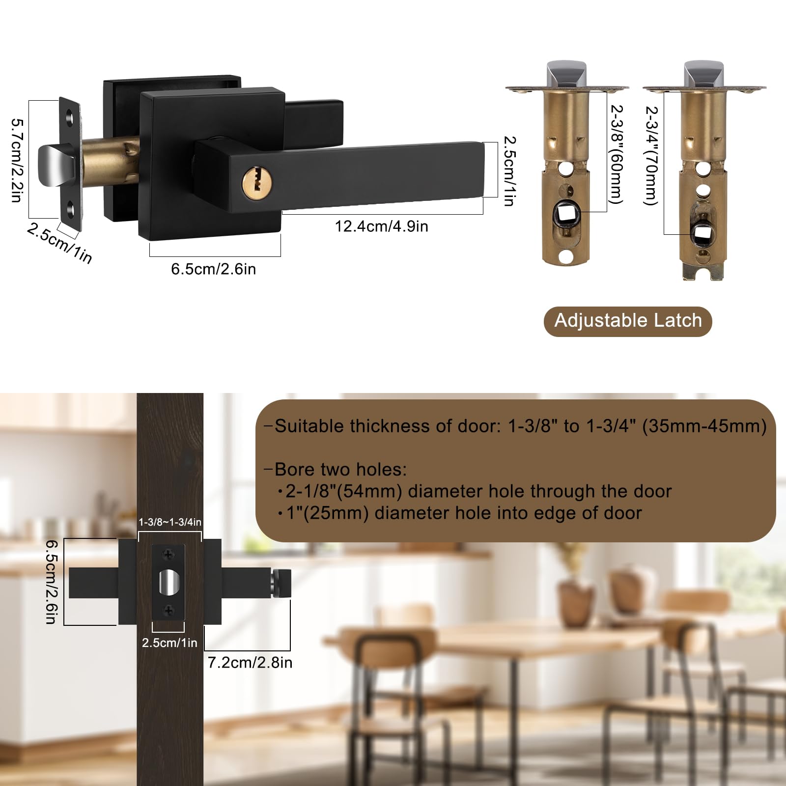 Juego de Manillas para Puerta Manija de Puerta con Cerradura y Llave Maneta Cuadrada Puerta Exterior con Llaves para Dormitorio Negro Reversible para Puertas con Apertura a la Derecha o a la Izquierd