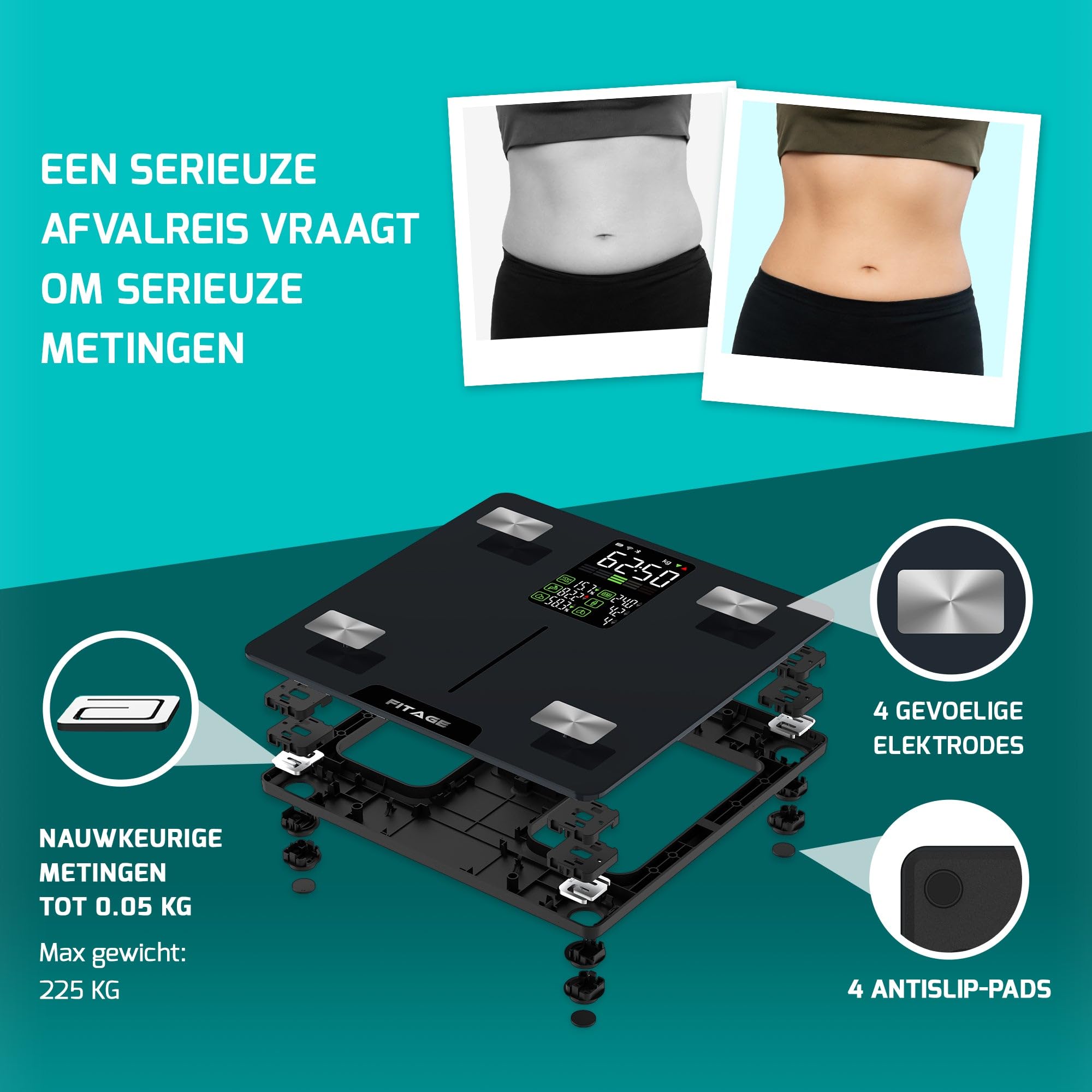 Personenwaage digital Testsieger 2025, Körperwaage bis 225kg, Körperfettwaage mit 17 Körpermesswerten, Körperanalyse mit App, Waage mit Körperfett und Muskelmasse mit großem LED-Display - Schwarz