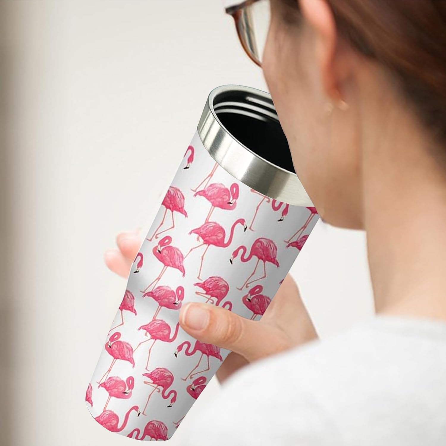 30 oz Cute Flamingo Tumbler with Handle and Straw, Stainless Steel Double Insulated Cup with Flip Straw, Travel Coffee Mug Water Bottle,Christmas Birthday Mothers Day Gifts for Women Animal Lovers - Image 5