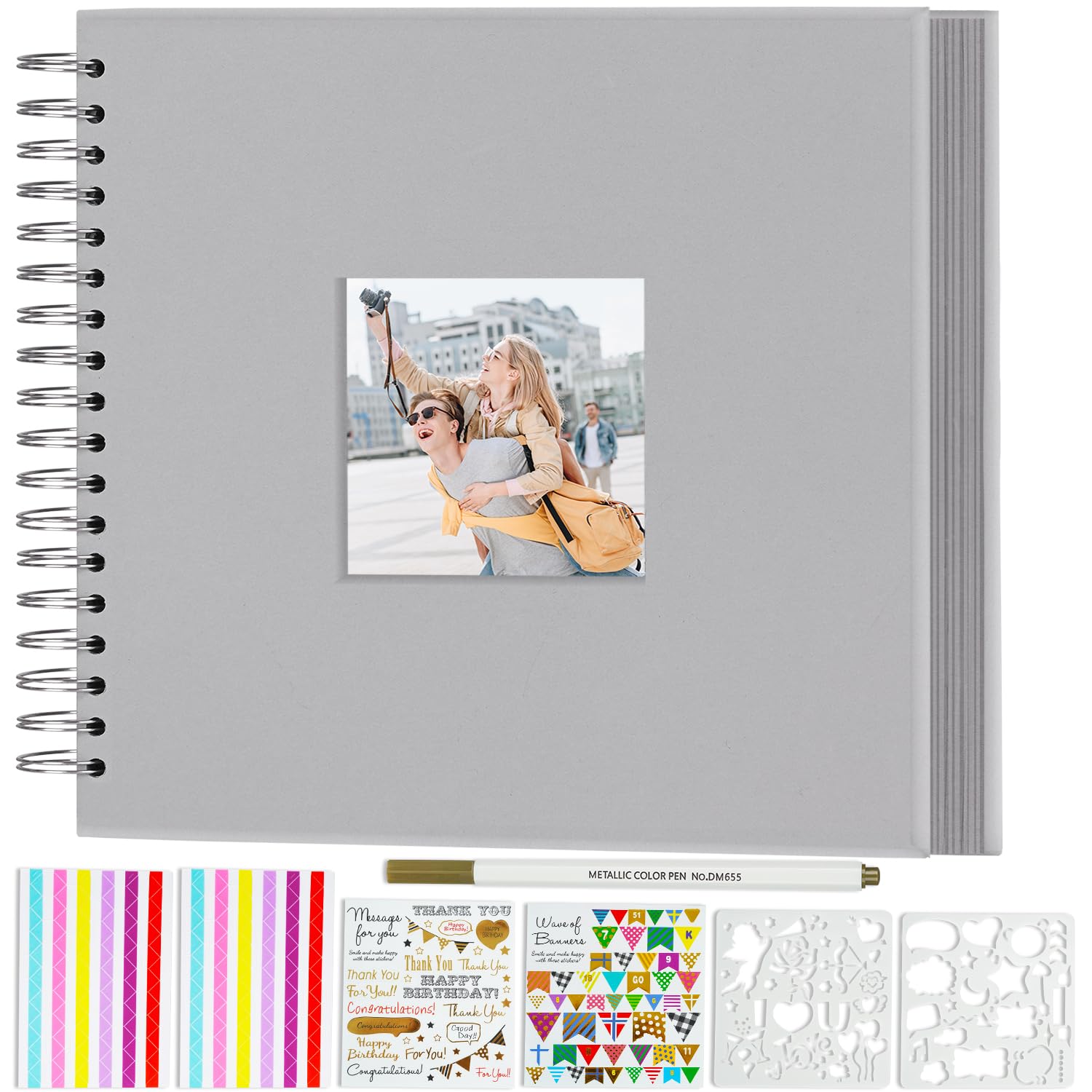 Miaikoe 20.5x20.5 cm DIY Scrapbook Album with Window Hardcover Kraft Blank Paper Scrap Book with 20 Sheets Photo Album for Guest Book Family Wedding Anniversary (Grey)