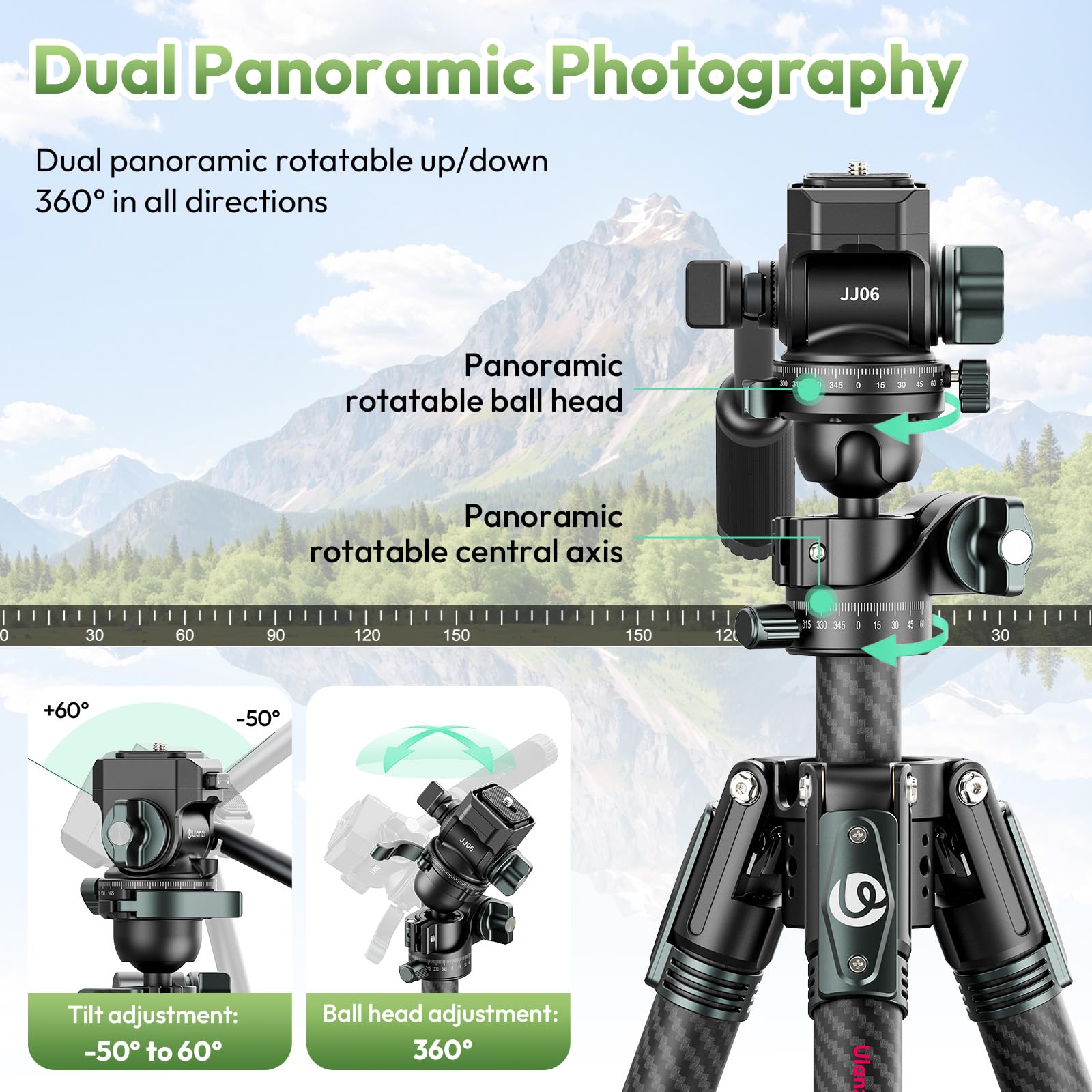 ULANZI JJ06 Statyw Wideo z Włókna Węglowego, Statyw z głowicą płynną, podwójnym obrotem panoramicznym 360° i pochylenia -50°/+60°, z płytką szybkozłączną Uka i uchwytem śrubokrętowym | Podwójna głowica obrotowa 360°, przenośny, lekki Pro Carbon Fiber, UKA