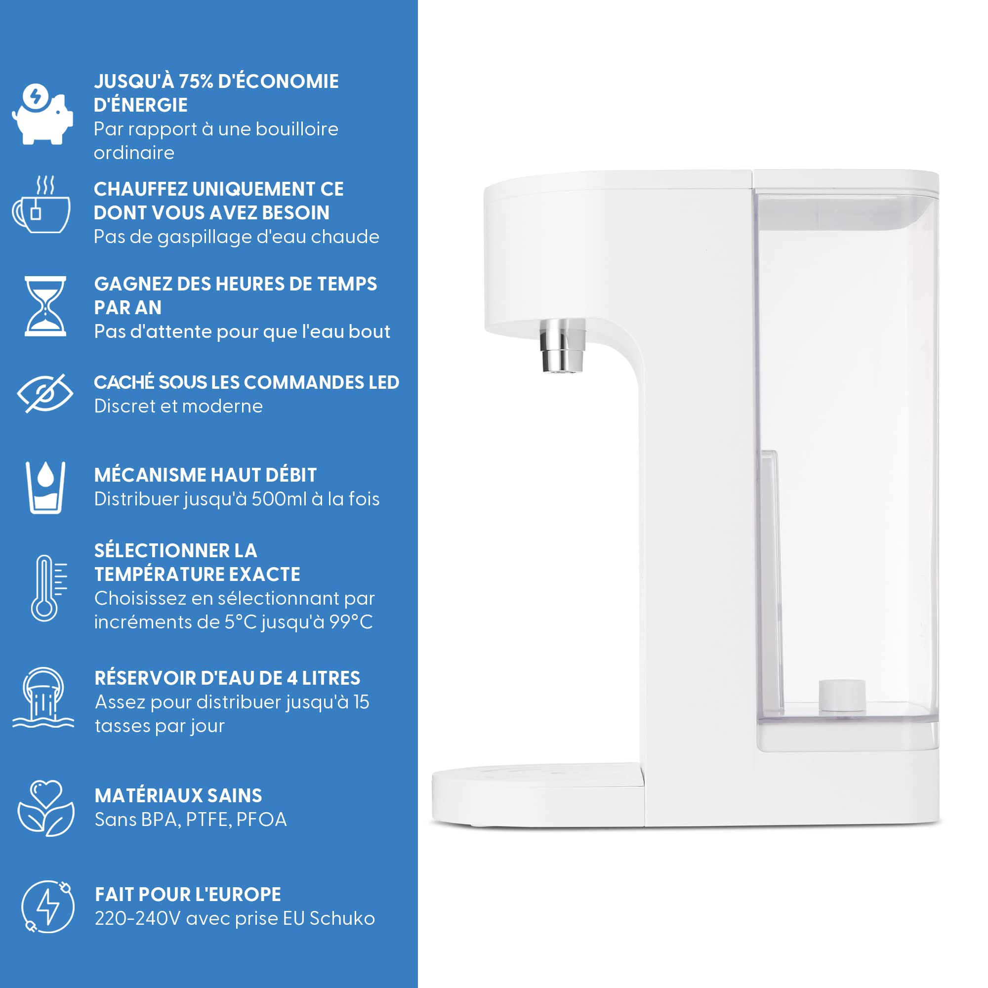 Yum Asia Oyu "Hidden Under" Distributeur d'eau chaude numérique instantané à écran tactile LED blanc, capacité de 4 litres, Ecoboil, technologie InstaHEAT, 220-240V, EU Power