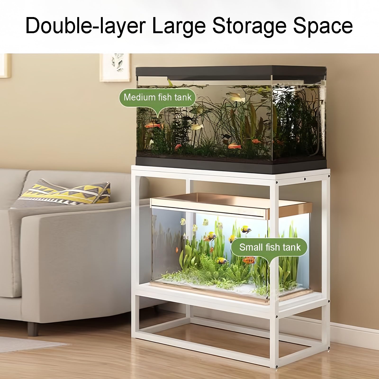 Supporto per Acquario in Metallo a 2 Livelli per impieghi gravosi - Robusto Supporto per acquari di Grandi Dimensioni, Eleganti Ripiani per la casa e L'Ufficio, Finitura Bianca, Perfetto per