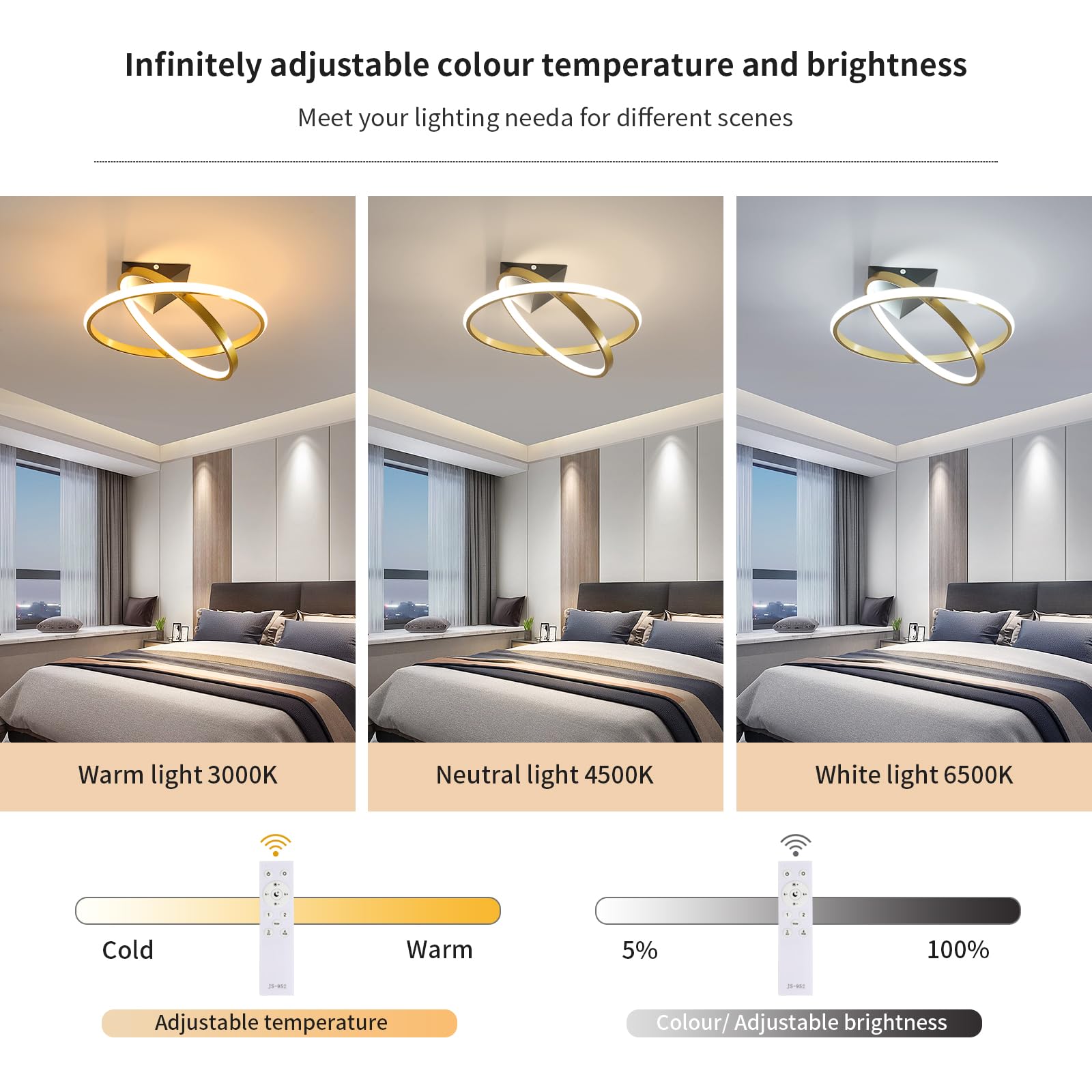 Plafoniera LED Soffitto Moderna, 32W 3600LM Lampada Dimmerabile con Telecomando 3000K-6500K, Ruotabile 360° Lampadario Moderno per Camera da Letto Soggiorno Cucina, Ø41CM, Oro