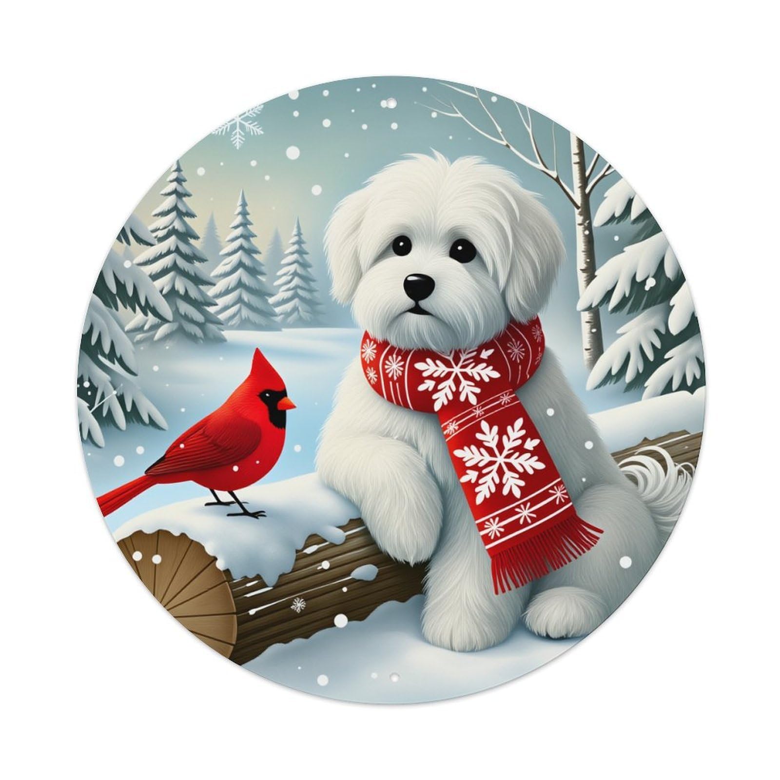 Snowflake Pattern Red Scarf White Dog Round Tin Sign Vintage Metal Poster Retro Bar, Home, Man Cave, Kitchen, Laundry Room Wall Art Decor Gift 8x8In