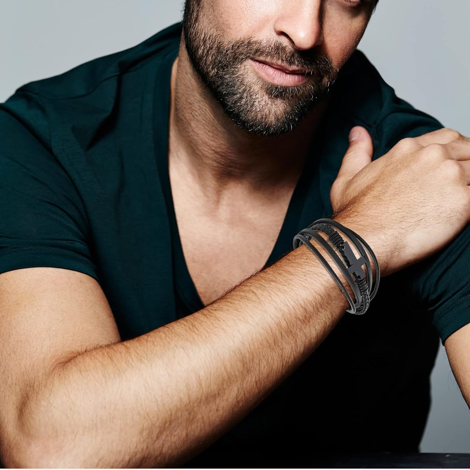 Fahonie Cross Leather Bracelet for Men Women 316L Stainless Steel with 18K Gold Plated Christ Jesus Multi-layer Handmade Christian Bracelet,7.5/8/9 Inches - Image 3