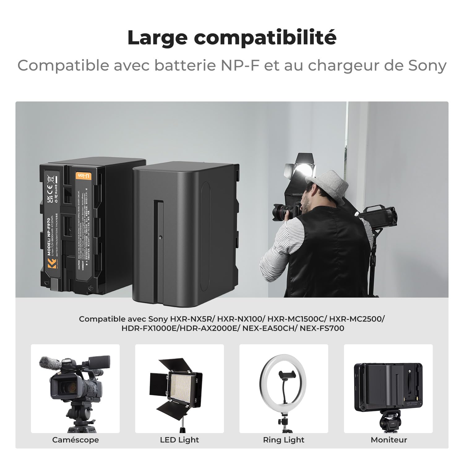 K&F CONCEPT NP-F970 Batteries 6600mAh Kit Chargeur LED Compatible avec Sony NP-F550 F570 F750 F770 F930 F950 F960 F970 pour Lampes LED Haute Puissance/Moniteur/Caméra Slider