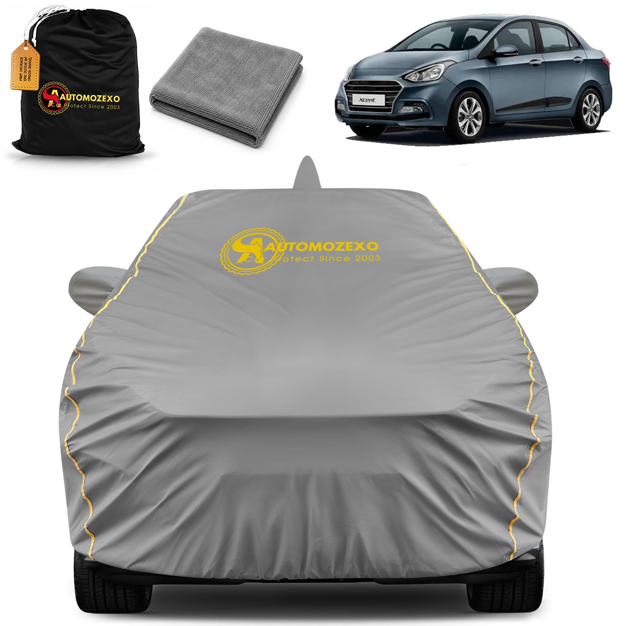 Hyundai Xcent 100% Waterproof Car Cover for All Weather Protection with Mirror & Antena Pocket Inner Cotton Triple Stitched Cover with Adjustable Belt Bottom Elastic to Secure Fit -Grey-image-49