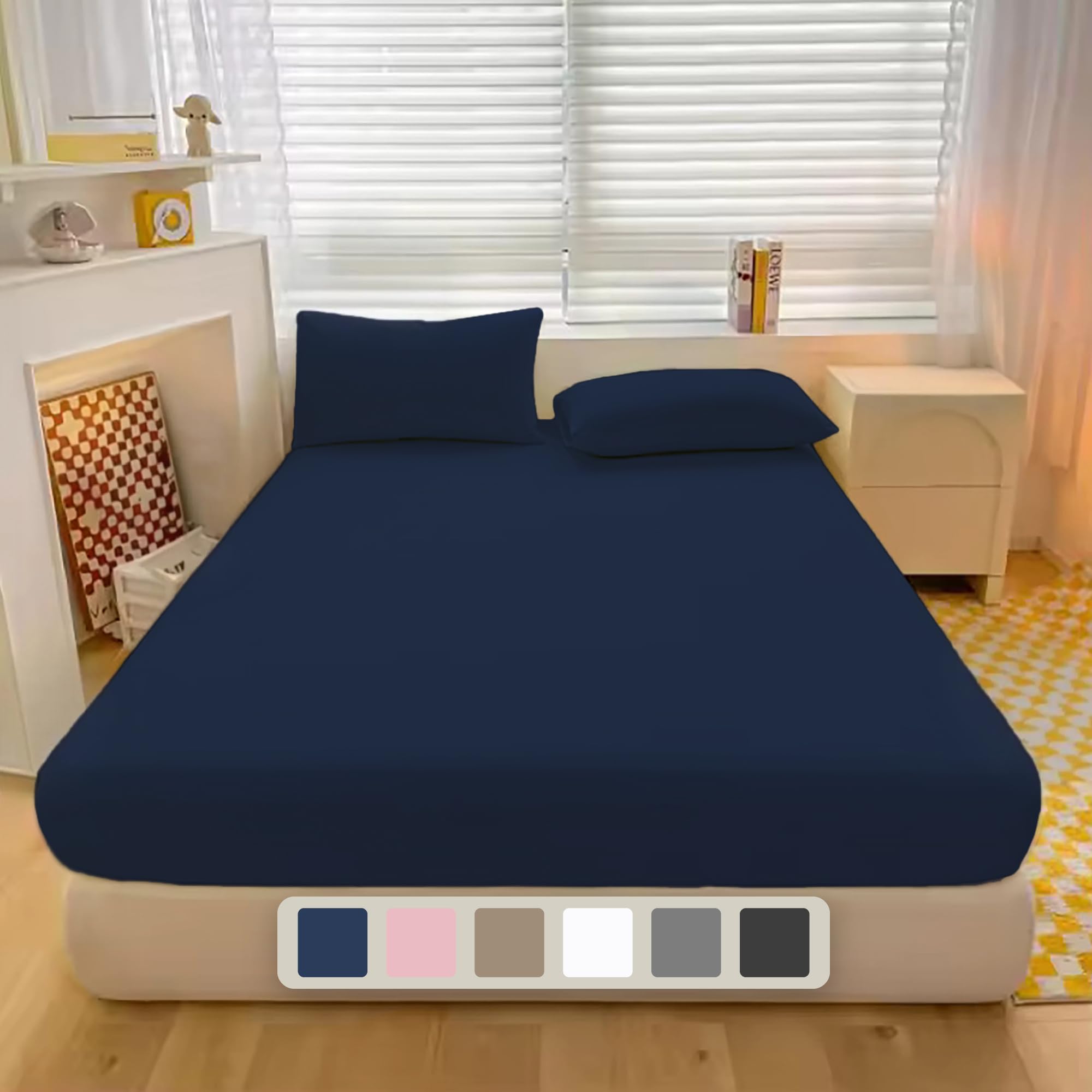 Luxe Dreams Double Fitted Sheet Deep Pocket 12 inches (30cm) Navy Blue 100% Cotton