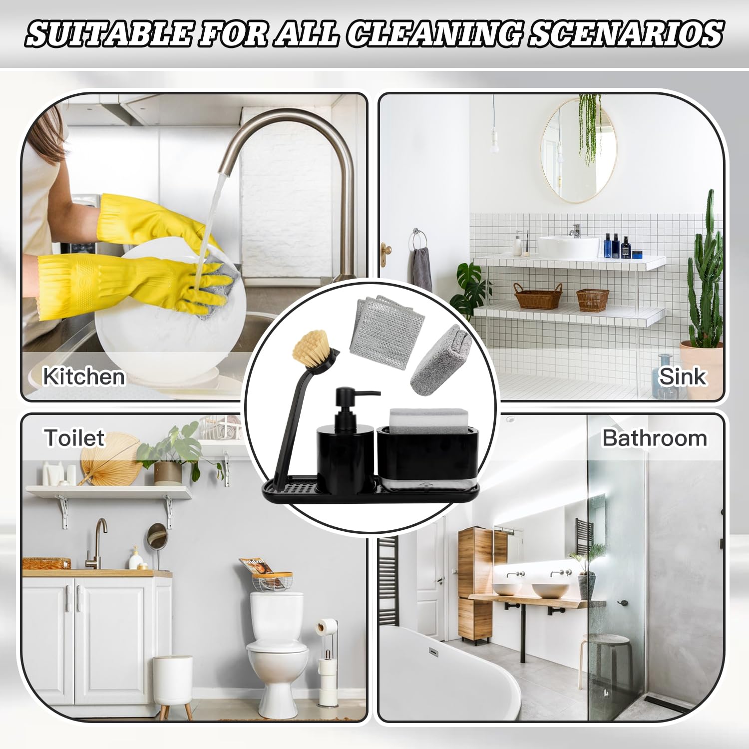 Dosificador Jabon Cocina, Juego de Organizador de Cocina Negro con Trapo, Cepillos y Esponja, Organizador de Fregadero Detergente Recargable, Caja de Almacenamiento de Fregadero de Jabón Líquido