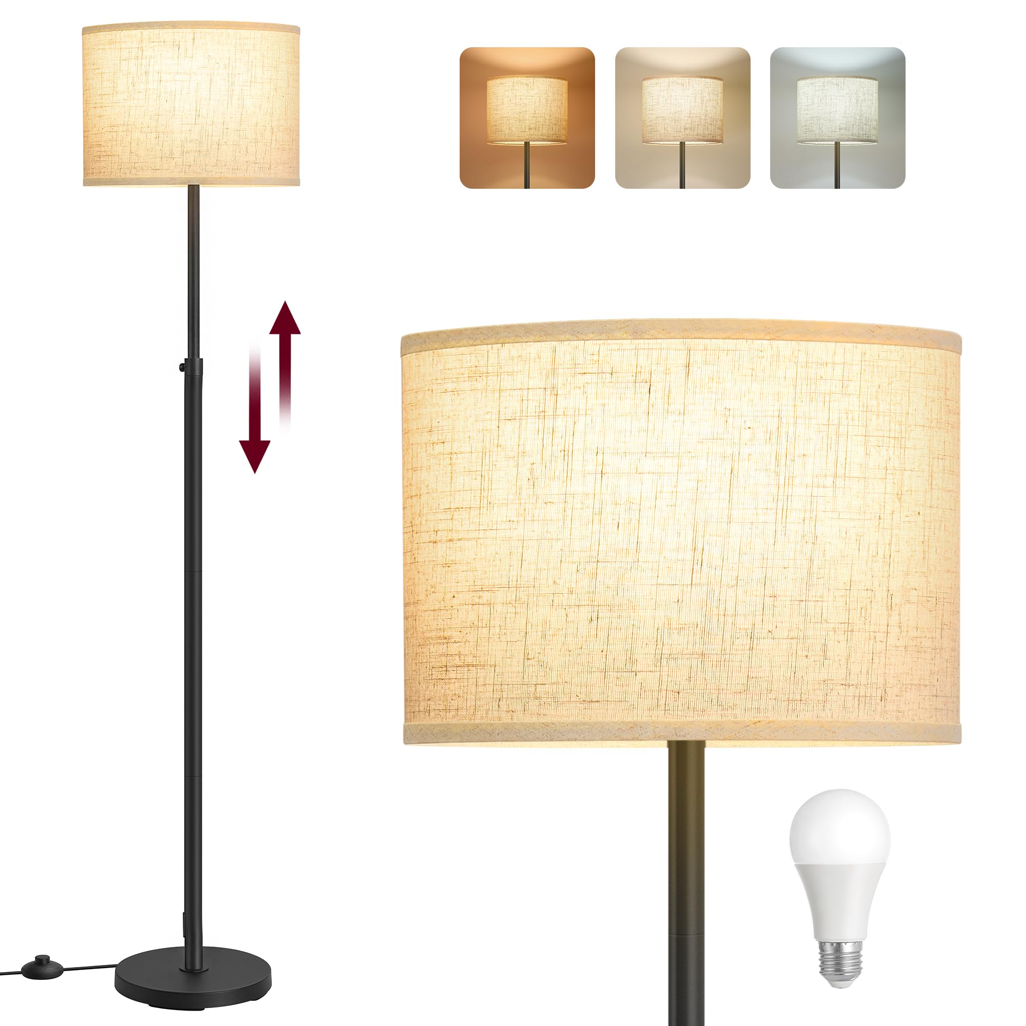 VASAGLE Lámpara de Pie, Lámpara de Lectura Regulable en Altura, 140-170 cm de Altura, Interruptor de Pedal, Pantalla de Tela, Casquillo E27, Negro Tinta LFL002BH02