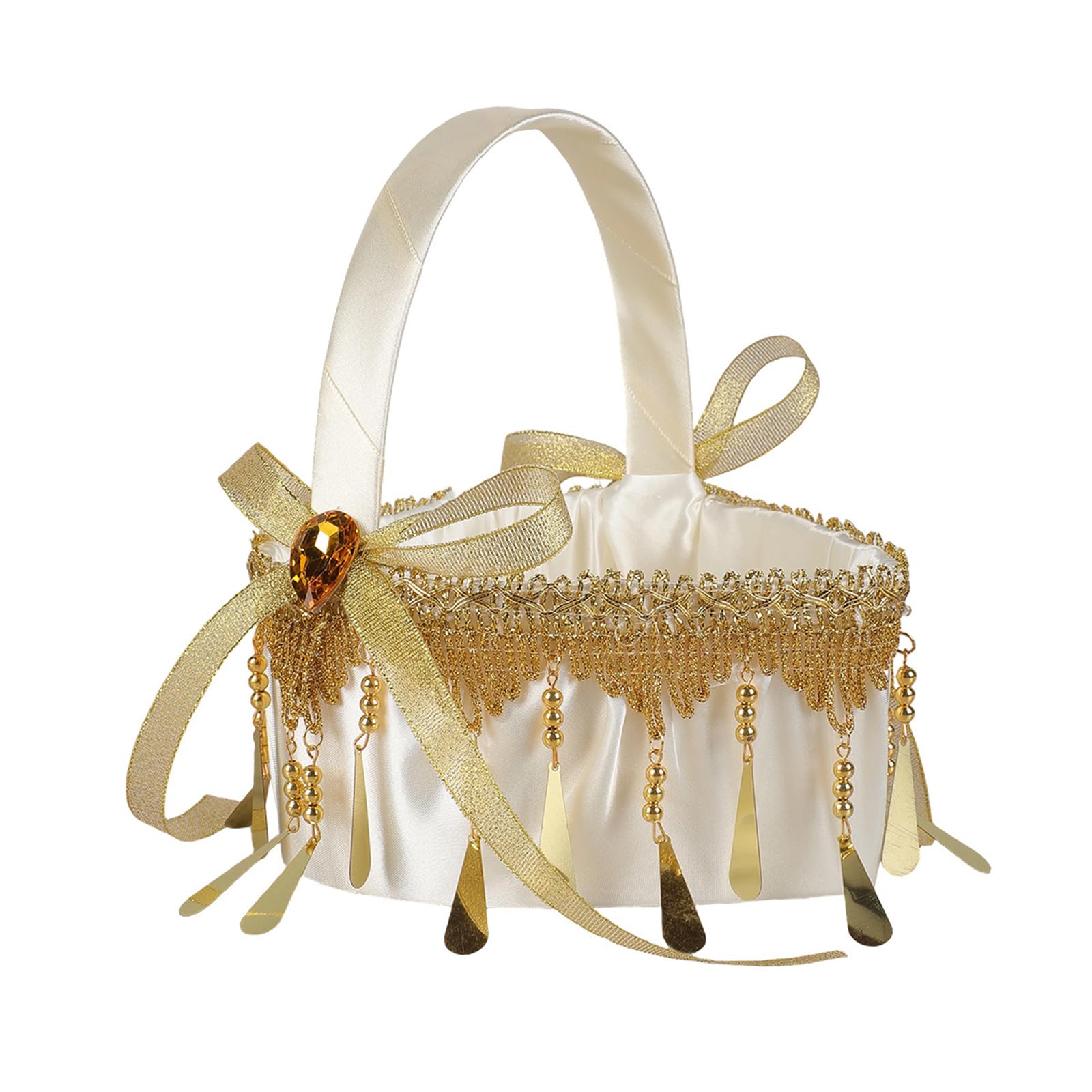 Basket with Elegant Gold Tassels and Pearls Decors Flower Girls Basket for Wedding Ceremony Formal Occasion Wedding