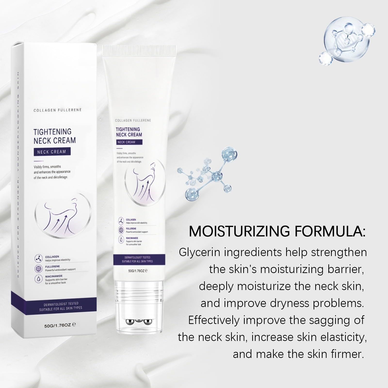 Magic Collagen Fullerene Neck Creams, Tighten and Lift Firming Neck Cream for Crepey Skin, Crema al collagene per il collo con, Creme Liftante Collo & Decollete Roll-On, Riduce le rughe