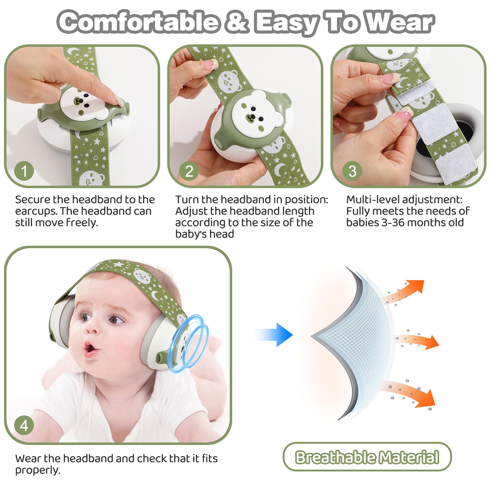 YomauiYee Baby Ohrenschützer, Baby Ohrenschützer, Gehörschutz mit Tragetasche, 25 dB Baby Schallschutz-Kopfhörer für Reisen, Schlafen, Flugzeug, lautes Ereignis, Grün