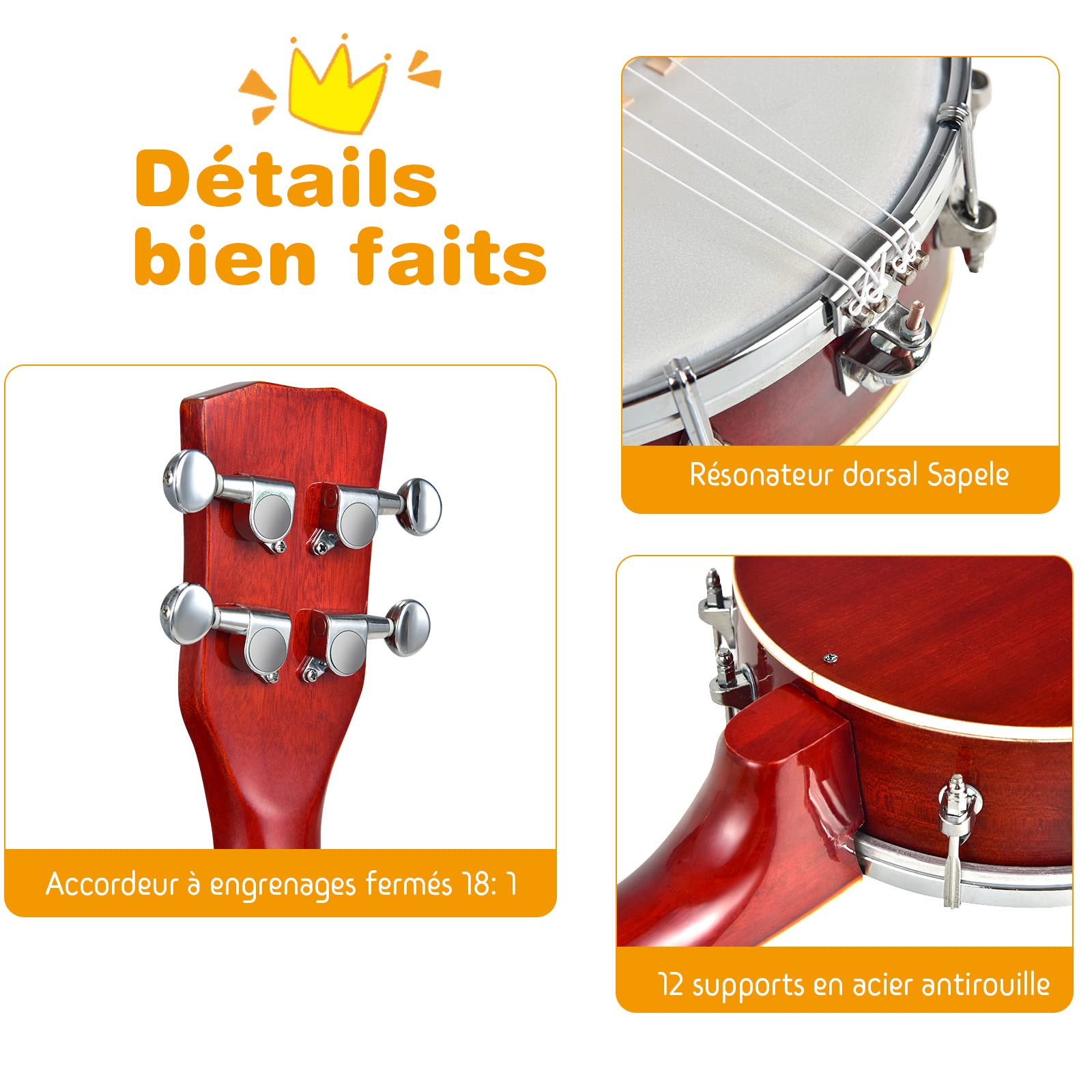 DREAMADE Banjo 4 Cordes 12 Supports avec Tambour Remo, Kit Banjolele Portable de Concert avec Accordeur & Sac de Transport, Instrument à Cordes pour Débutants, Amateur, Rouge