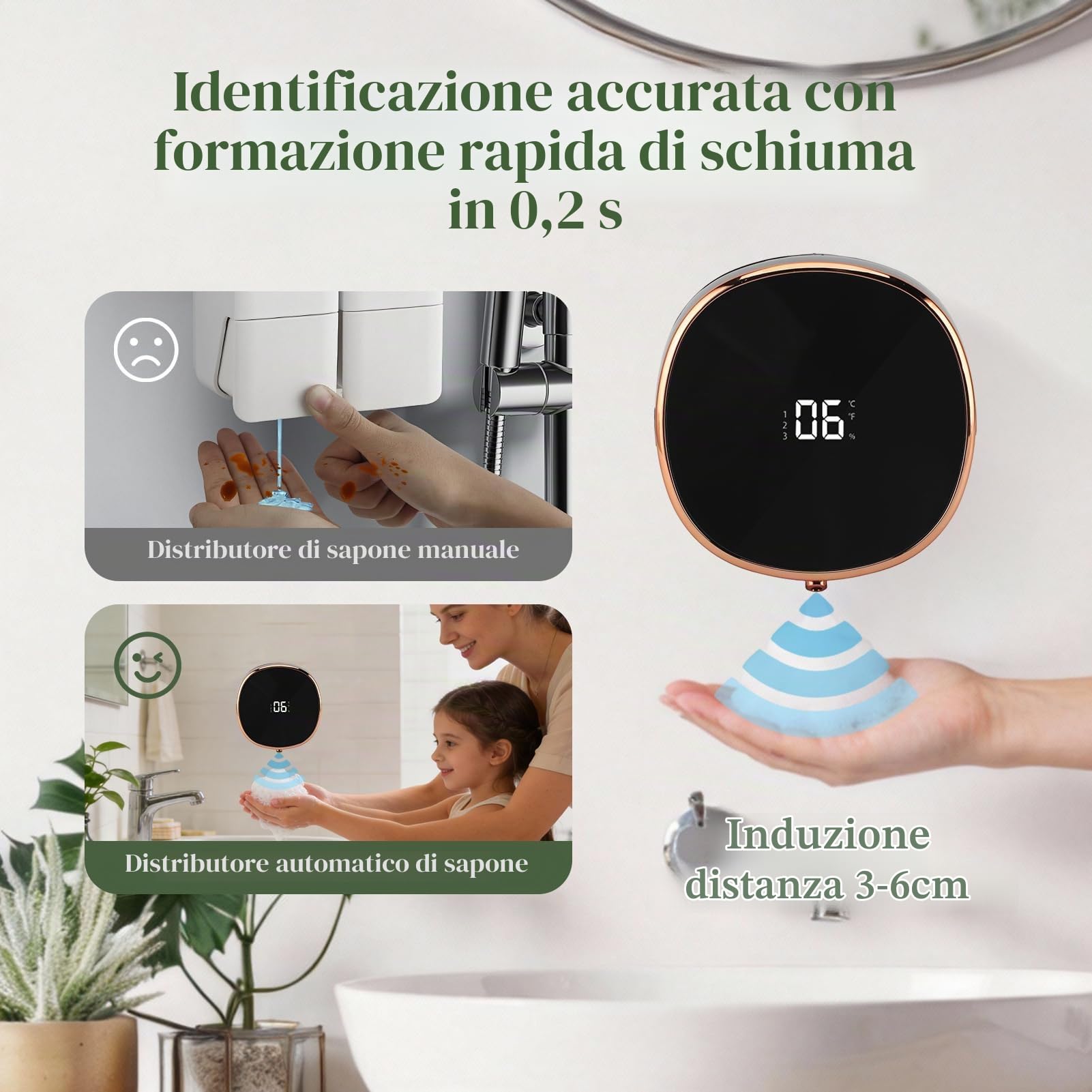 Dispenser automatico di sapone Dispenser di sapone schiumogeno Dispenser di sapone touchless Dispenser di sapone elettrico a parete Dispenser di sapone manuale con (Nero)