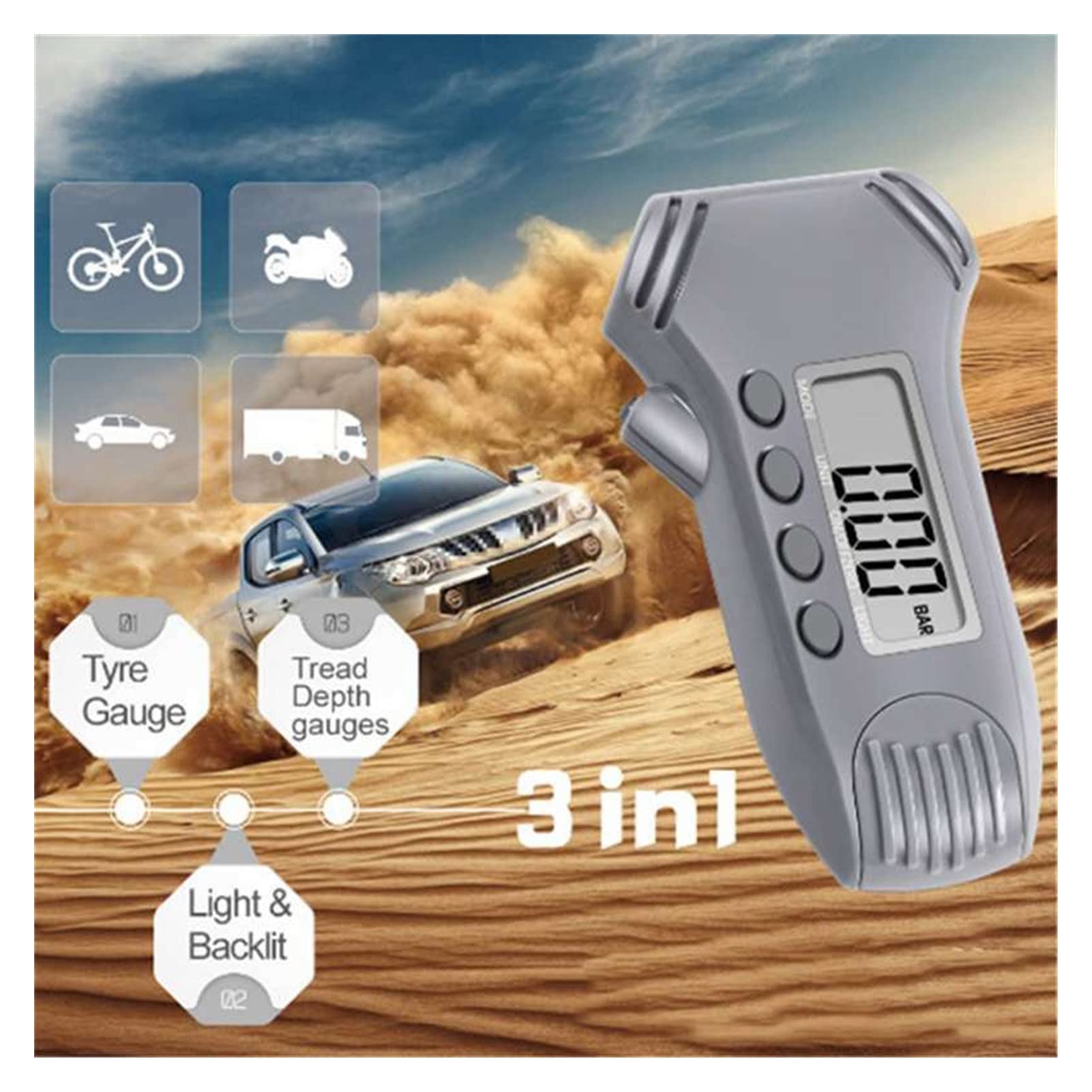 Medidor de presión de neumáticos Digital 3 en 1 de 0-20 mm con Caja de ABS Calibración automática Medidor de Profundidad de la Banda de Rodadura de presión de neumáticos de automóviles