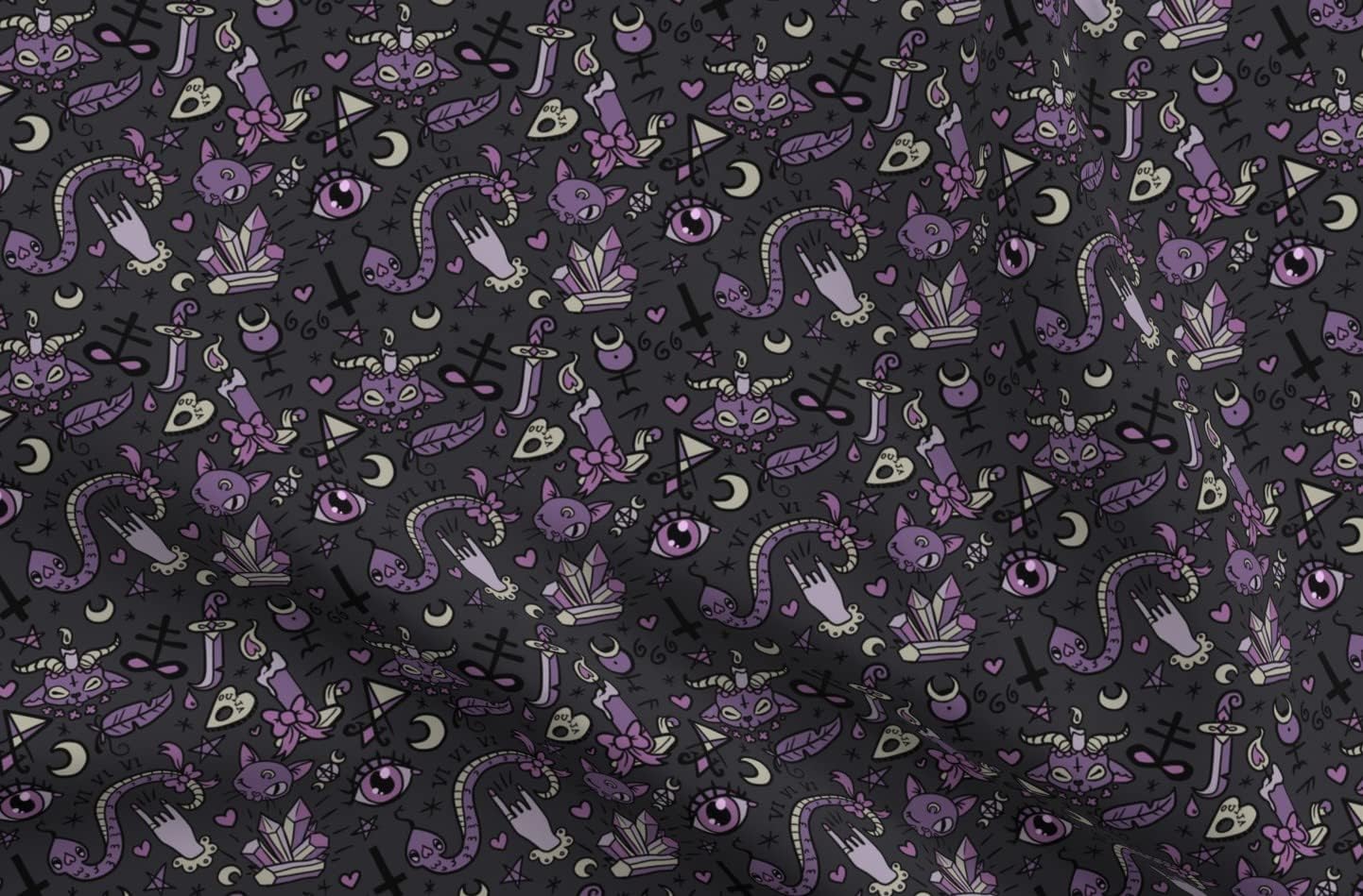 Spoonflower Fabric - Cute Occult Dark Halloween Devil Spooky Gray Purple Black Magic Goth Printed on Polartec(R) Fleece Fabric by The Yard - Sewing Blankets Loungewear and No-Sew