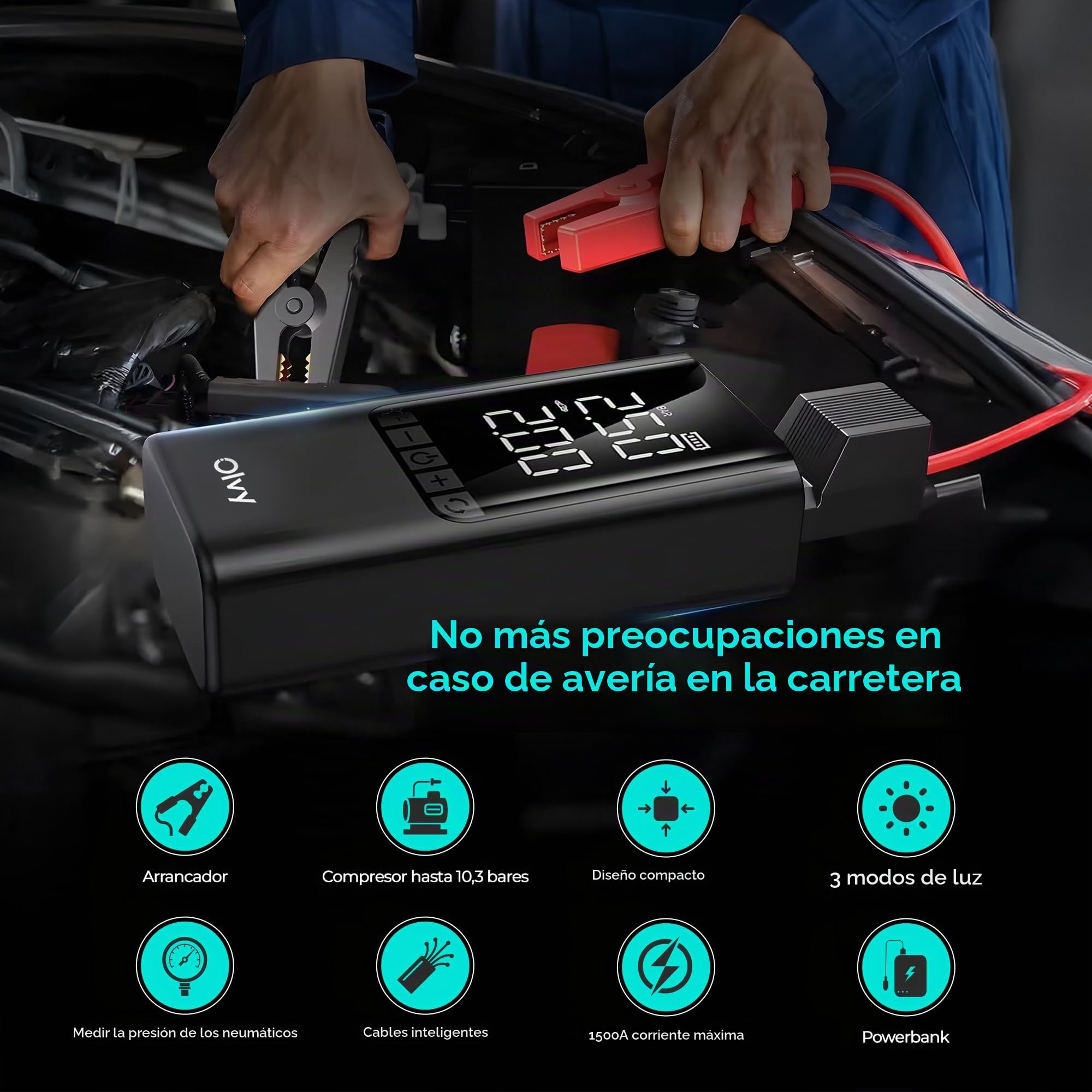 Arrancador portátil Olvy 4 en 1 con compresor de Aire, 1500 A de Potencia máxima, batería Externa de 12 000 mAh, protección Inteligente, luz LED, Pantalla Digital, Compacto para vehículos de Gasolina