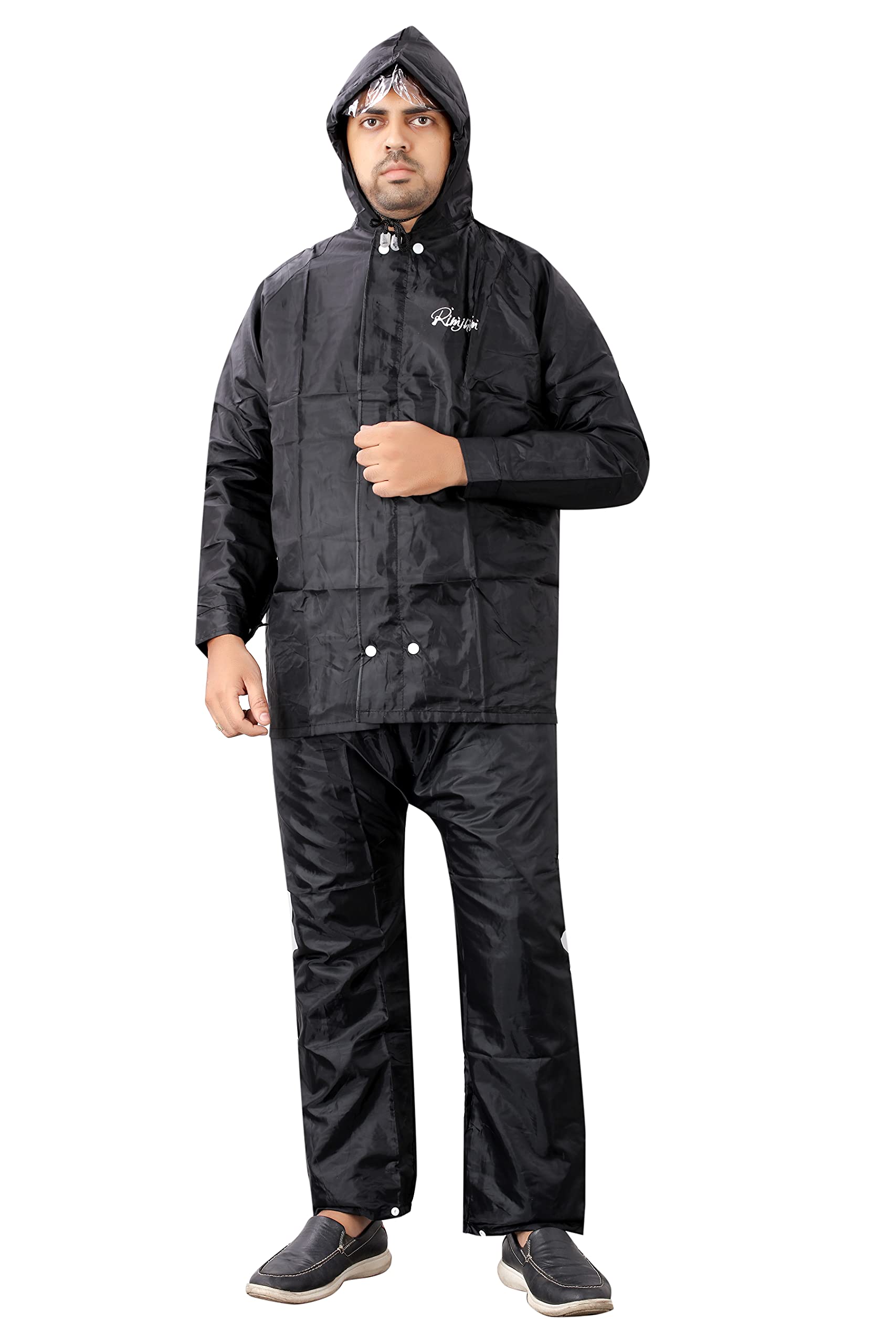 MITHUDI RIMZIM Men's Solid Waterproof Reversible Double Layer with Hood Set of Top and Bottom Packed in a Storage Bag 2 Way (Both side) Wearable Rain Coat - Black, XL