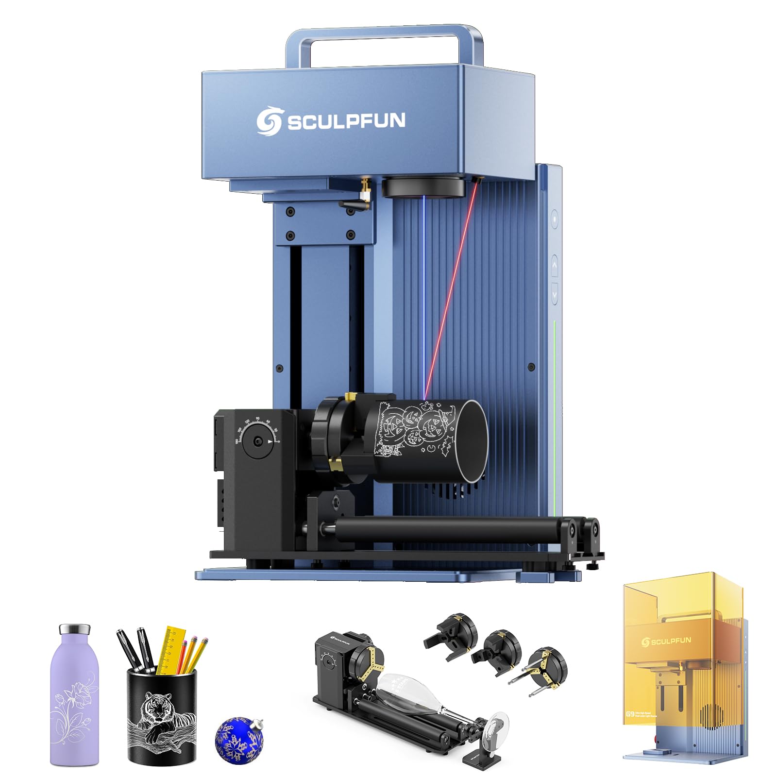 SCULPFUN G9 Machine à graver laser infrarouge et diodes bleu avec RA Pro Max Laser Rotary Chuck Machine de marquage laser haute précision pour métal, plastique, bijoux, cuir, gravure rapide