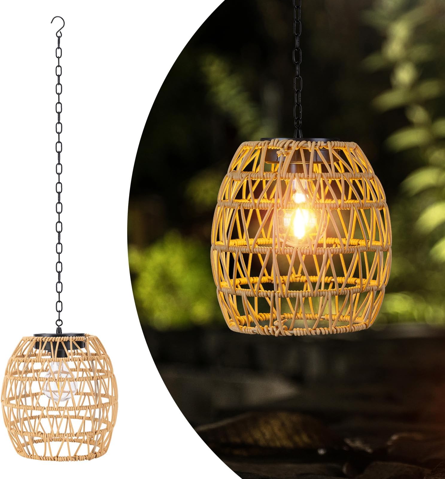 LarekookOutdoor Solar Hanging Lantern, Natural Rattan Bamboo Woven Porch Patio Gazebo Pendent Chandelier Light Decorative Solar Powered Hanging Lamp for Front Door Garden