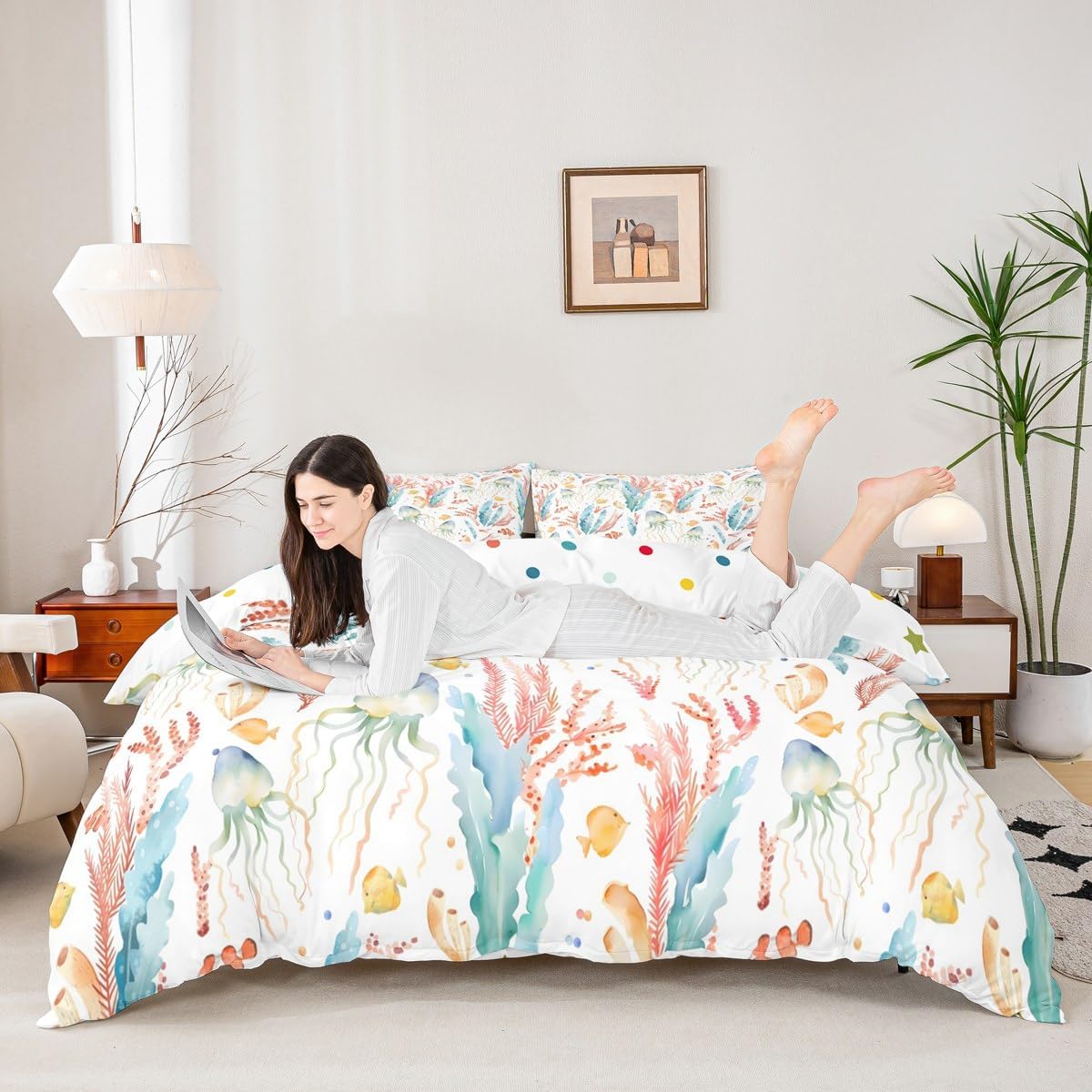 Watercolor Ocean Coral Fish Duvet Cover Set Full Size,Underwater World Bedding Set 3Pcs,Sea Life Comforter Cover for Kids Girls Boys Teens Room Decor,Summer Coastal Style Quilt Cover,2 Pillowcases